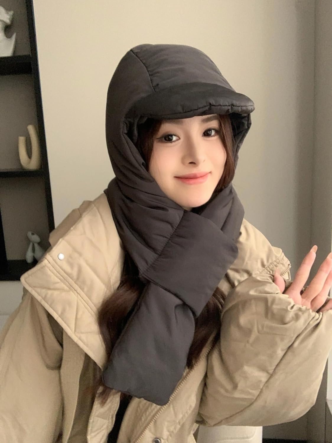 2024 Winter Down Cotton Hat Set - Windproof Hooded Scarf, Soft Warm Balaclava Beanie Cap for Men and Women (Grey, Light Gray, Black)