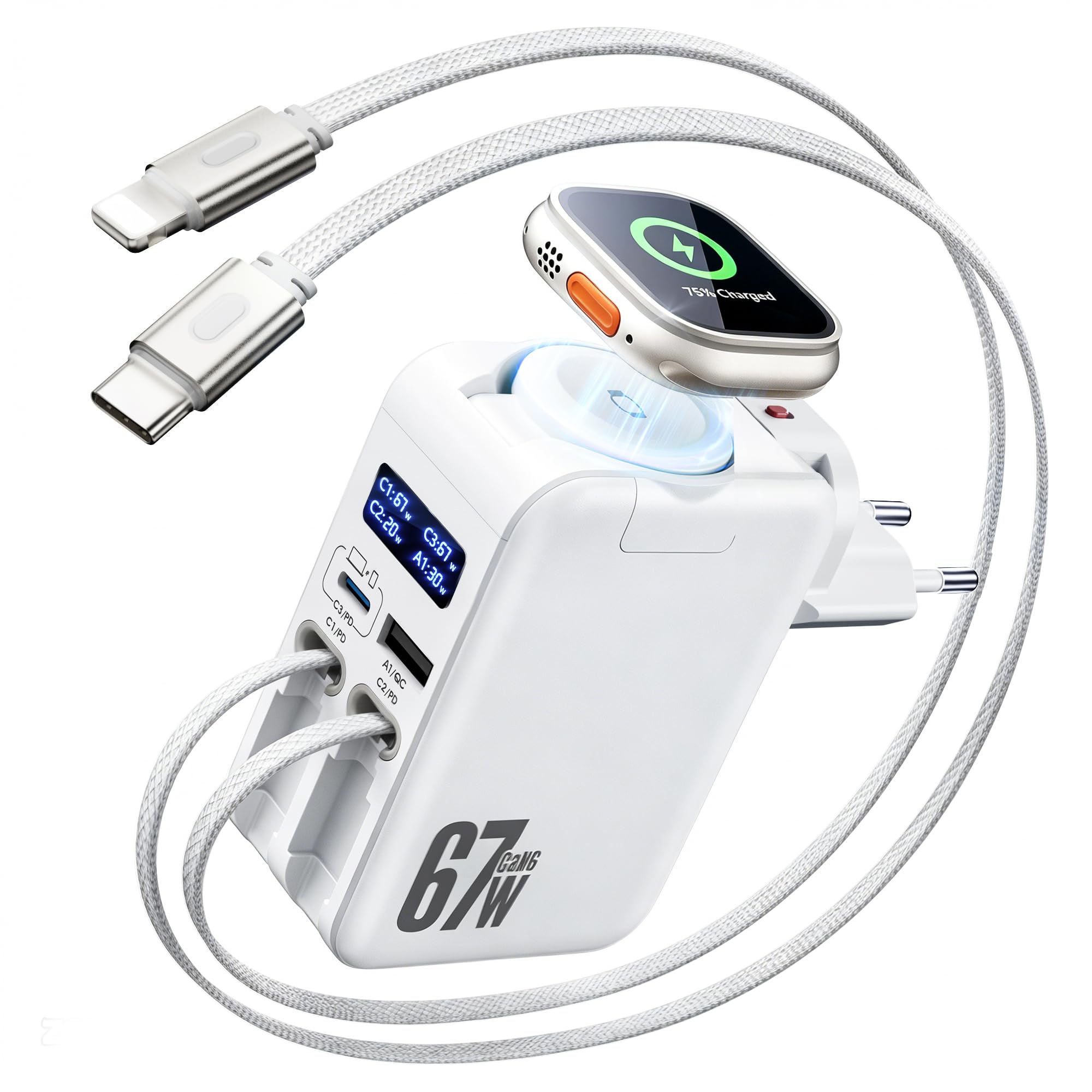 HATALKIN 67W Einziehbares Ladegerät mit Apple Watch Ladegerät | Smart-Display-Schnellladegerät mit GaN Lightening+Type-C Schnellladekabel für iWatch Ultra/11/10/9,MacBook,iPhone,Galaxy,iPad