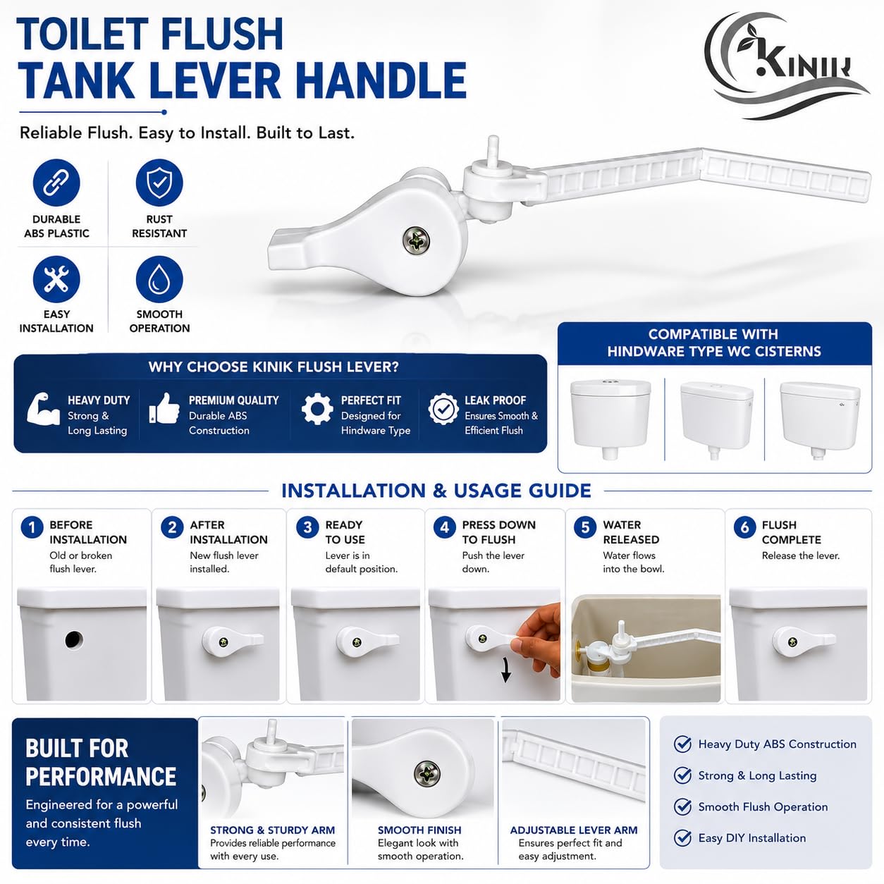 KINIK Plastic Toilet Flush Tank Lever Handle for Hindware Type WC Cistern, Heavy Duty ABS Flush Lever Handle with Arm, Bathroom Toilet Flush Tank Accessories, White, Easy Installation, Pack of 1 4
