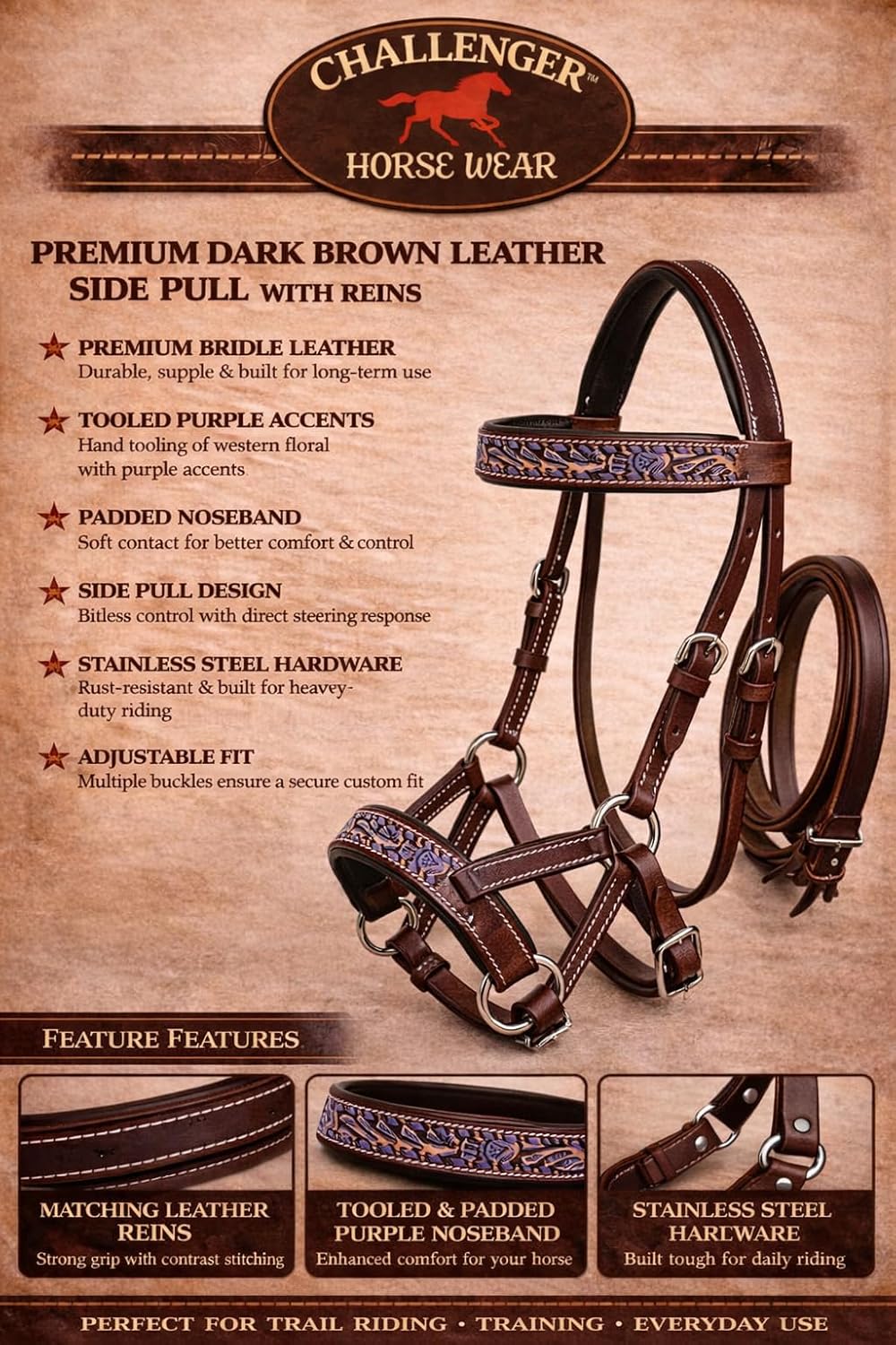 CHALLENGER Horse Western Leather Bitless Sidepull Bridle Split Reins 77RS25PR