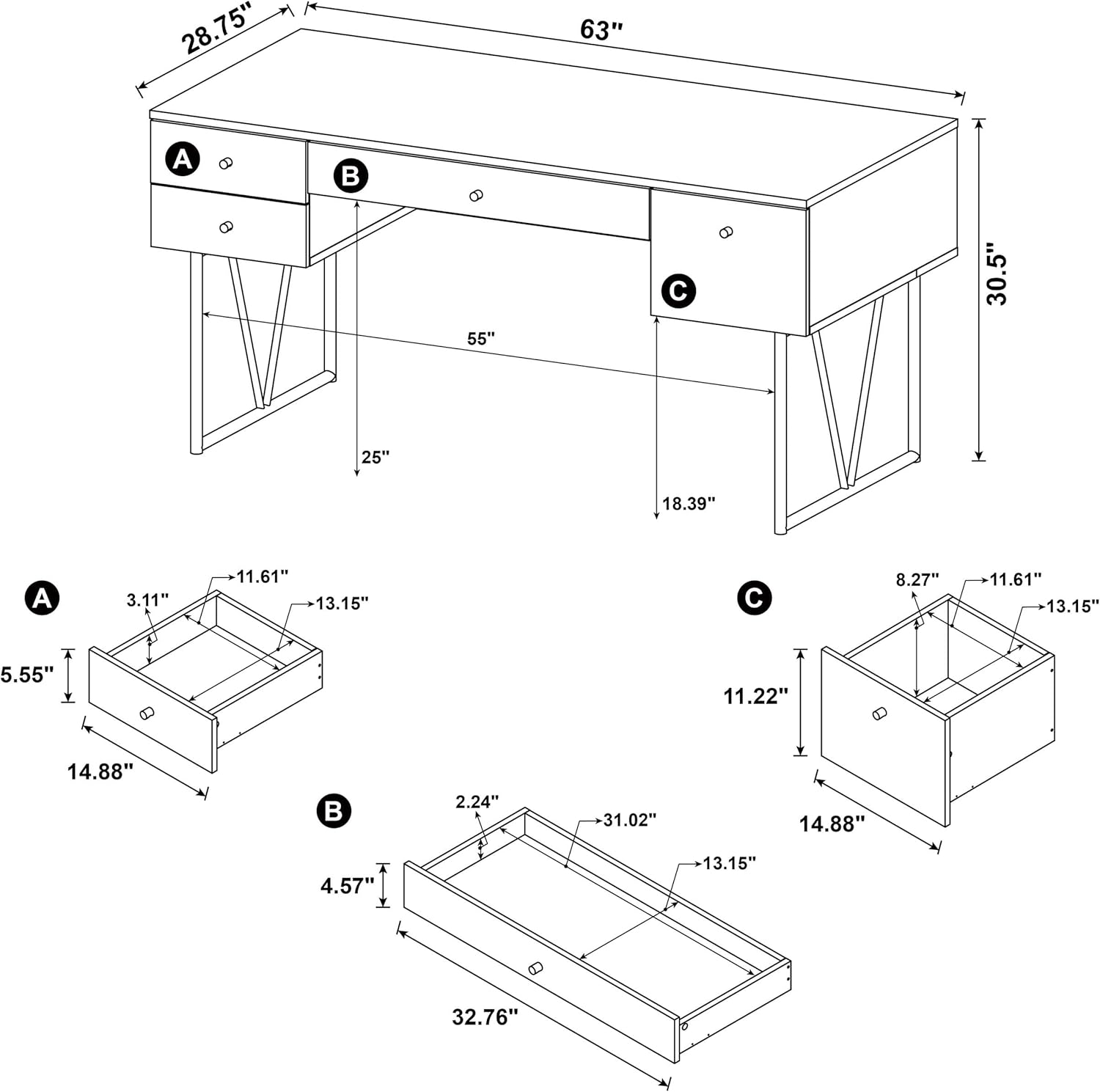 Diagram showing the dimensions of the Analiese writing desk, including overall width of 63 inches, depth of 28.75 inches, and height of 30.5 inches. Individual drawer dimensions are also detailed.