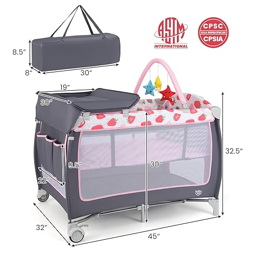 Miniatura 7 de BABY JOY 4 en 1 Pack and Play, corralito portátil para bebé con moisés, puerta lateral con cremallera, cambiador, centro de guardería de viaje para