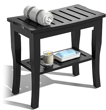 Domax Bamboo Shower Bench & Stool Waterproof - Wood Shower Bench with Storage Shelf for Inside ShowerBlack