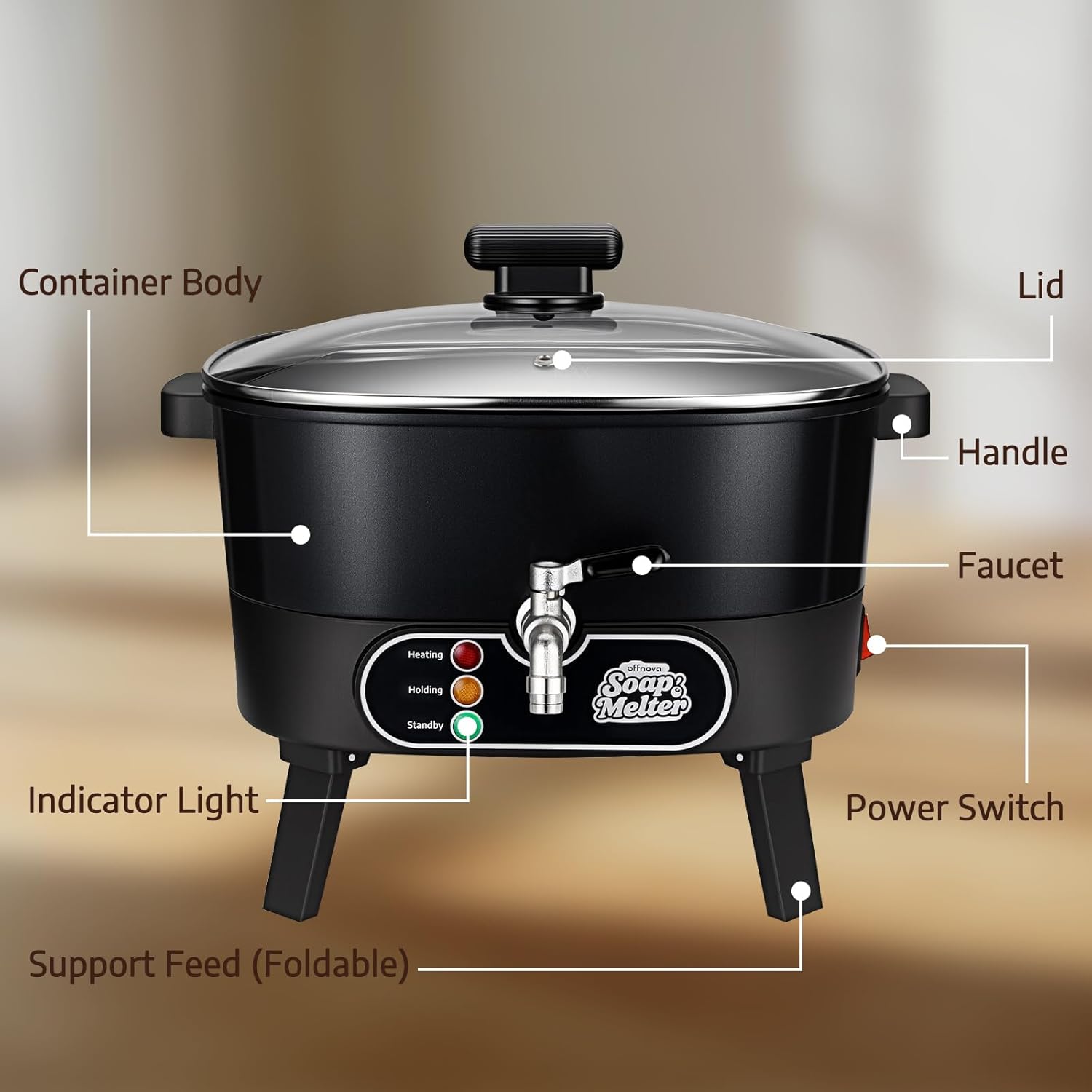 OFFNOVA Soap Melter Machine 12.7Lbs - One-Touch Smart Temp Control, Heated Anti-Clog Faucet, Fast Uniform Melt for Glycerin/Goat Milk Soap Base & Soy Wax, Ideal for Homemade Soap Business, Black