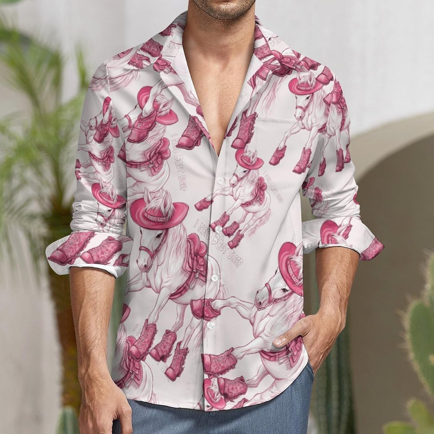 Boot Horse Long Sleeve Shirts Casual Dress Shirt Button-down T-shirts for Men