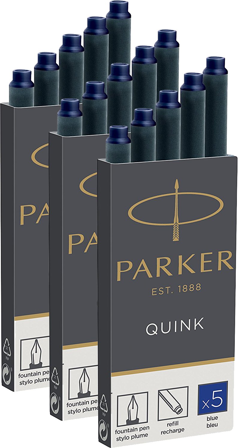 6x Parker 1950384 Quink wkłady uzupełniające do piór wiecznych, długie wkłady, 6x 5 szt., niebieski atrament (= 30 wkładów)