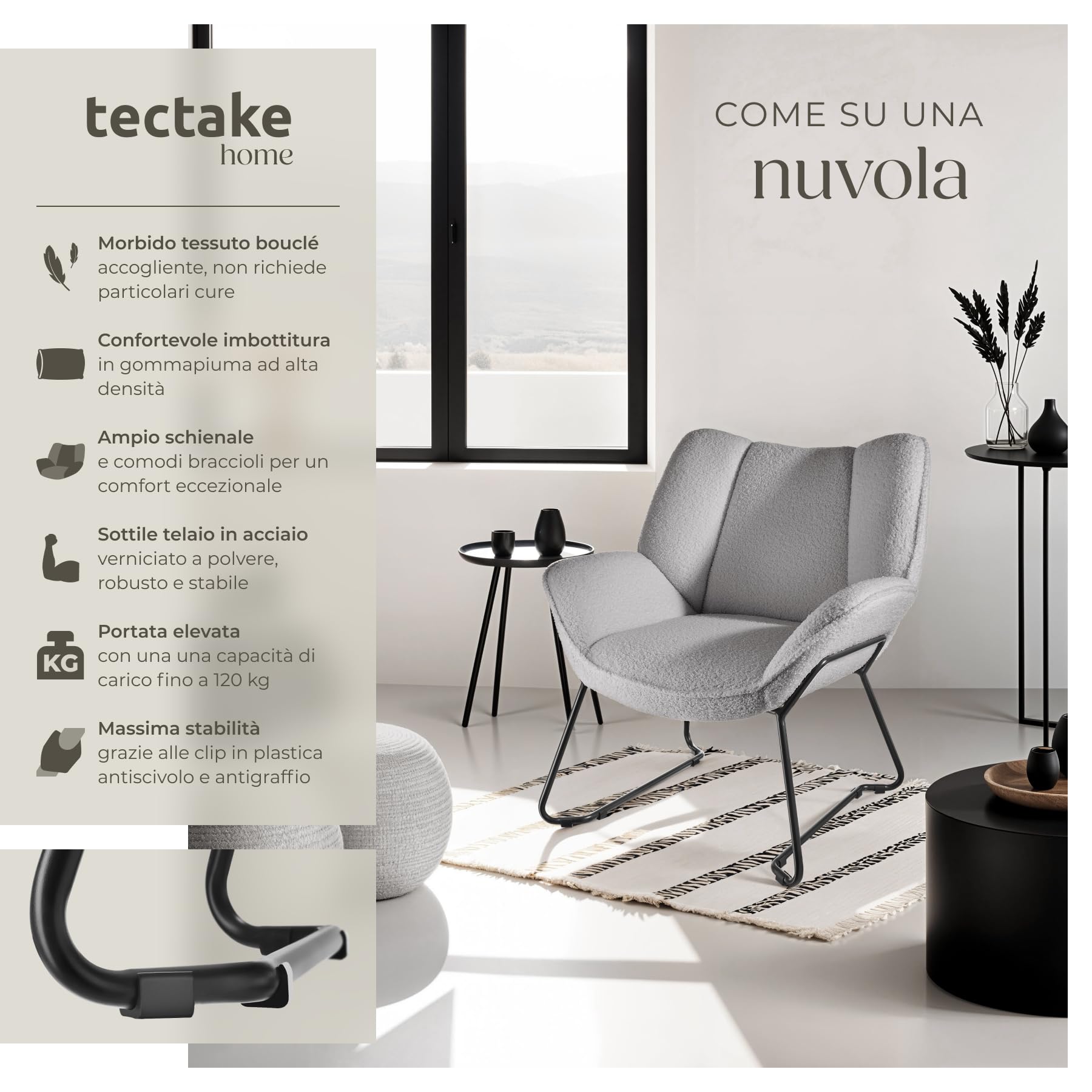 tectake® Poltroncina in Stile Scandinavo, Poltrona Camera da Letto Tessuto Bouclé, Sedia Ergonomica con Telaio in Acciaio, Sedia Cucina Antiscivolo, Carico Max. 120Kg - Grigio Chiaro