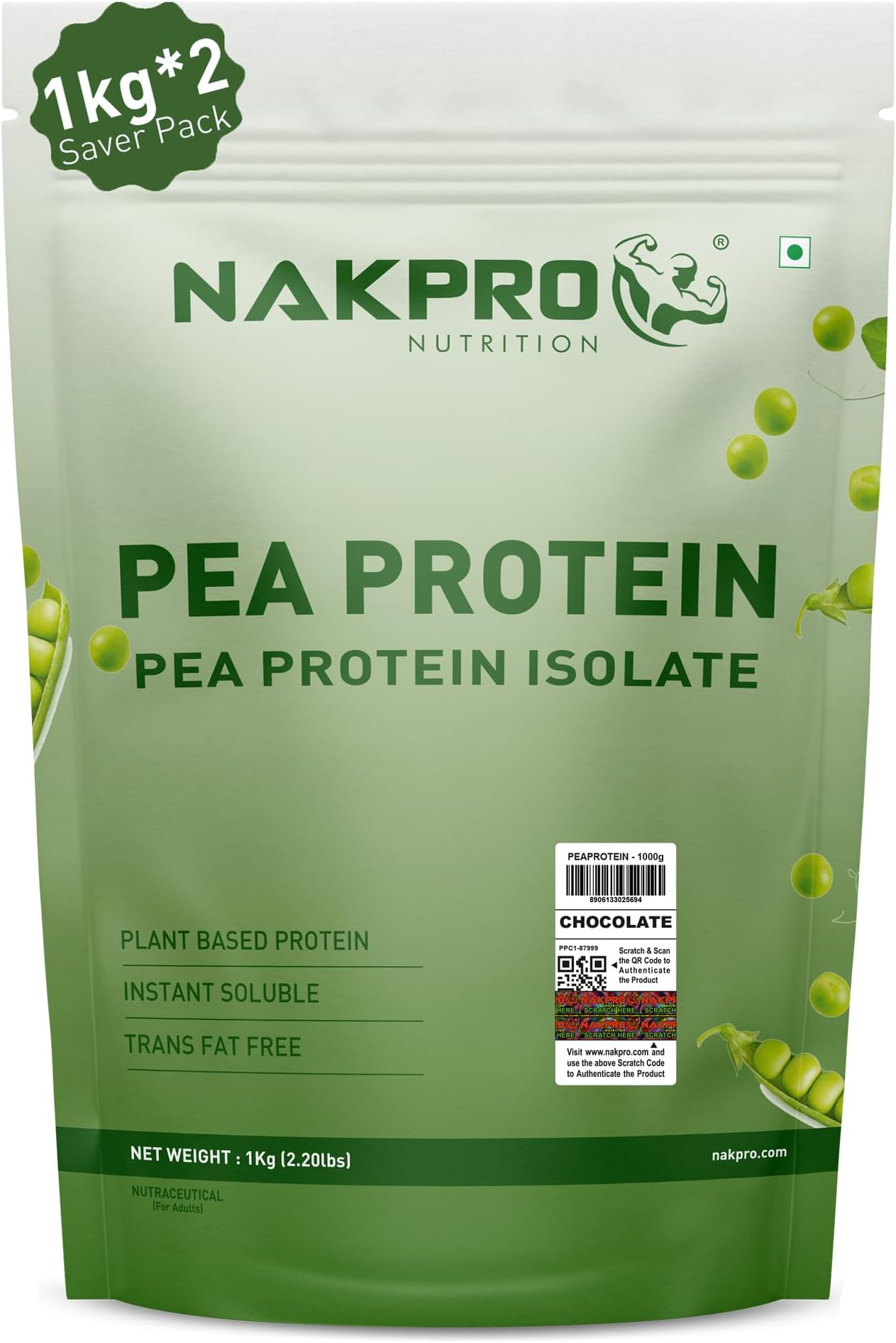 NAKPRO NUTRITION Pea Protein Isolate | 2 kg Chocolate | 26g Protein | Plant Based Protein Powder