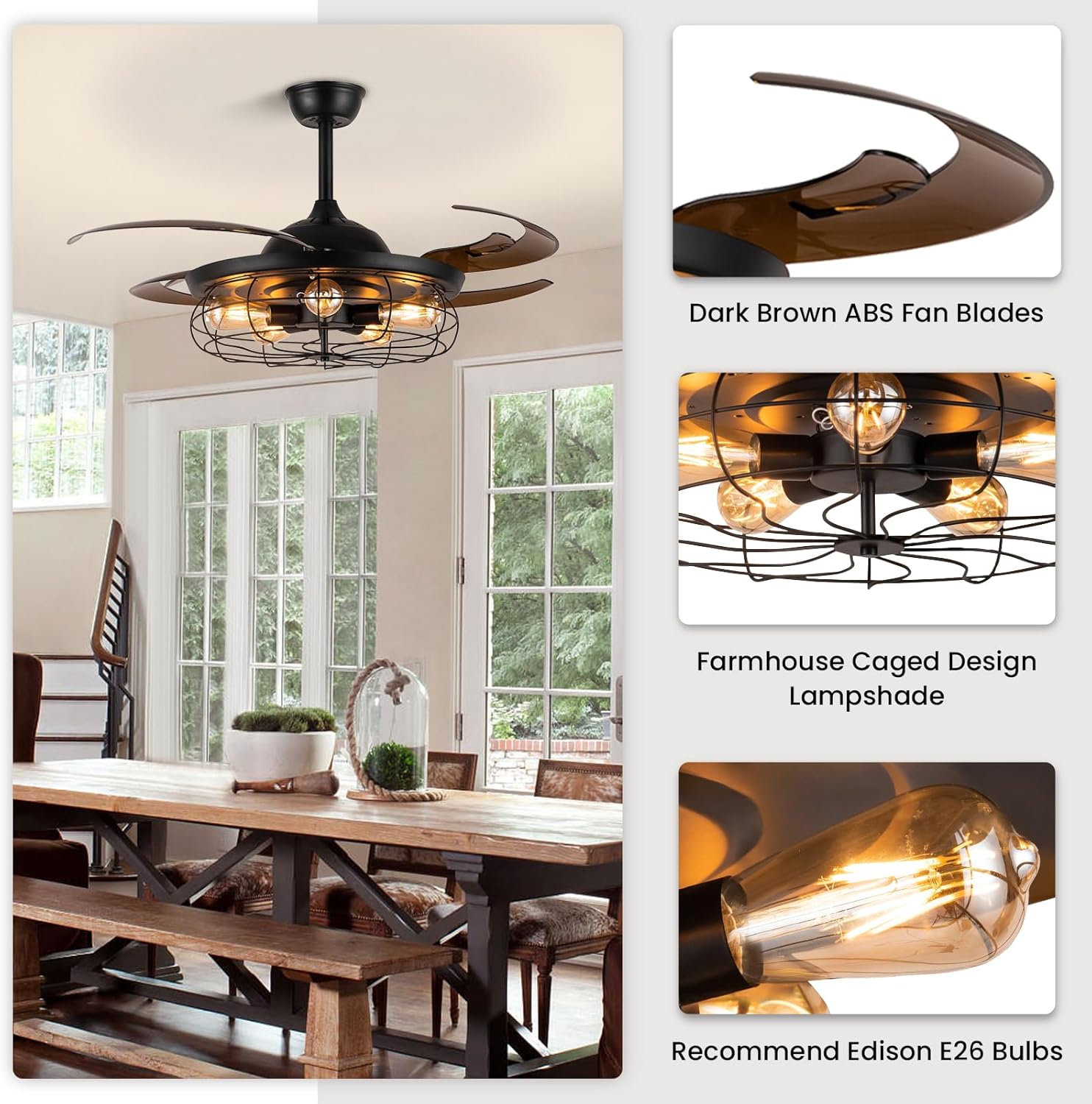 Siljoy Retractable Ceiling Fan with Lights Black Industrial Caged Ceiling Fan with Remote Controller Farmhouse Chandelier Fan with Lights for Living Room Bedroom Patio (48 Inches, 5 Lights)