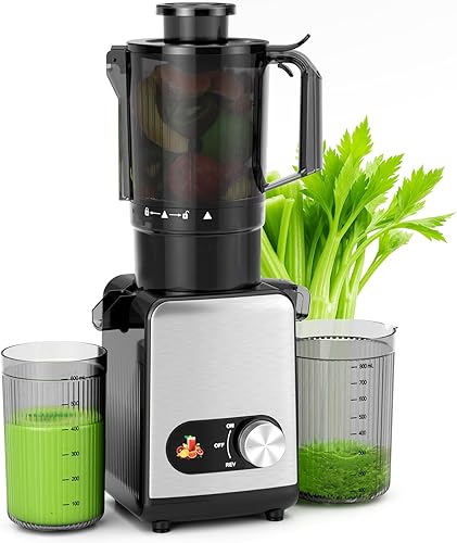 Crzoe Exprimidor de prensa en frío con un conducto de alimentación de 4.35 pulgadas de ancho para frutas y verduras enteras, control de perilla,