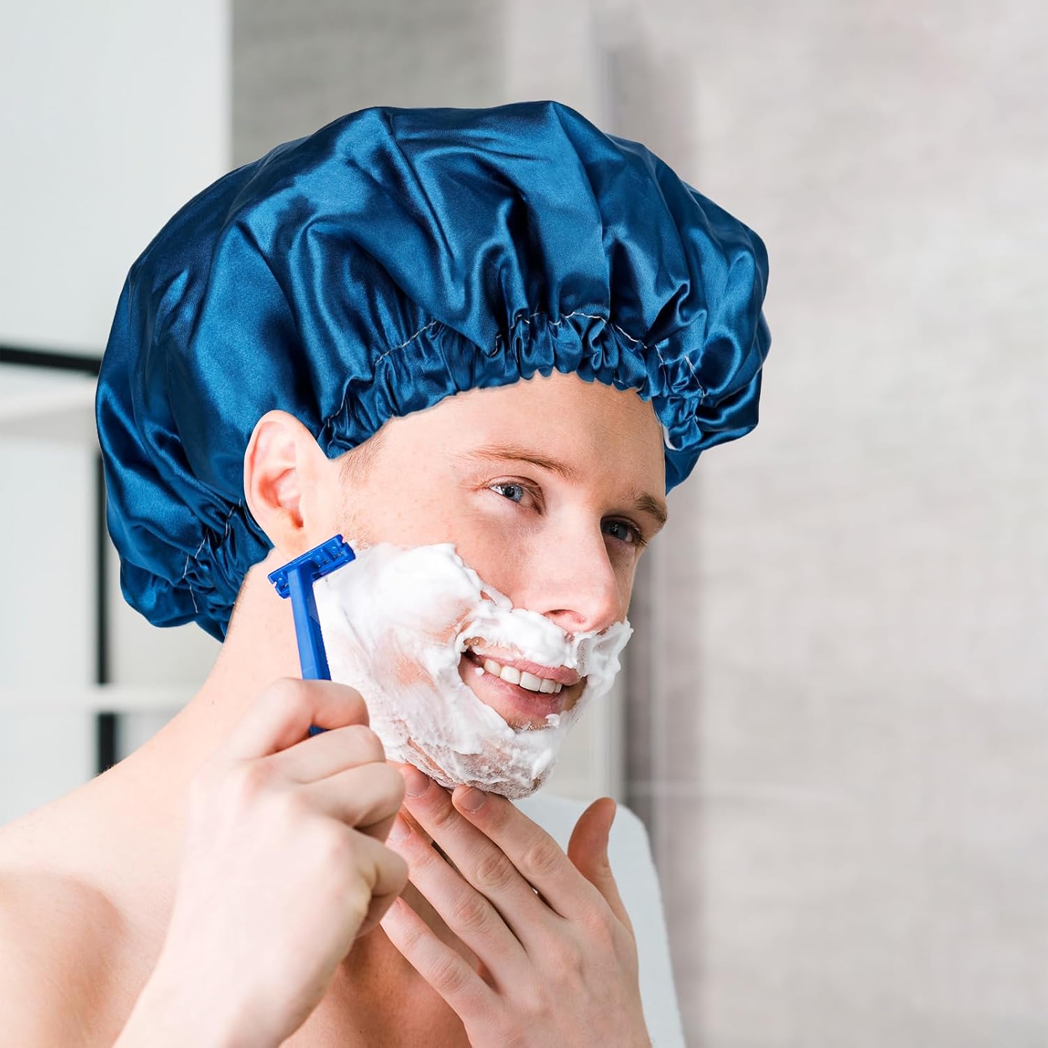 Shower Cap for Men, with Adjustable Ties, Satin PEVA Double Layer Waterproof Bath Caps, Reusable Large Size Hair Cap with Elastic Band for All Hair Lengths (Blue)