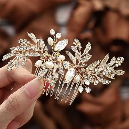 Foyte Crystal Bride Wedding Hair Comb Leaf Bridal Headpieces Rhinestone Hair Pieces Pearl Bridesmaid Side Combs Hair Accessories for Women and Girls (rhinestone)