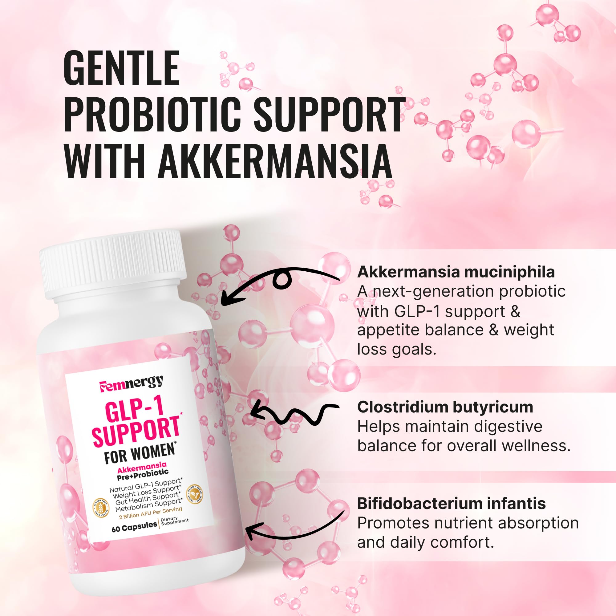Femnergy GLP-1 Suplemento probiótico para pérdida de peso para mujeres, supresor del apetito natural, metabolismo y salud intestinal, apoyo GLP1 para activar el control diario del hambre y el apoyo a