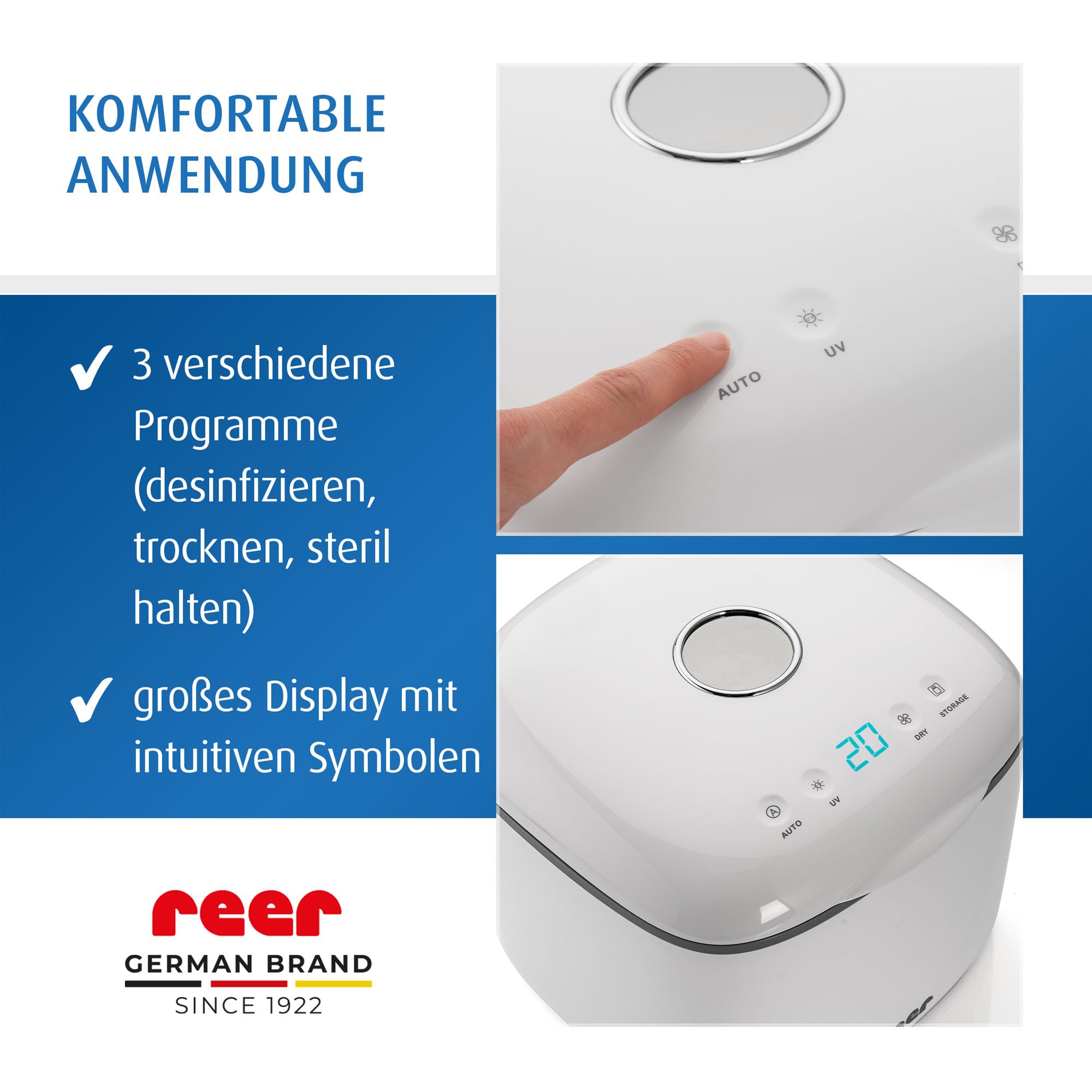 reer UV-C Desinfektionsgerät mit Trocknungsfunktion | Sterilisator für Babyflaschen und Baby Zubehör | Flaschensterilisator