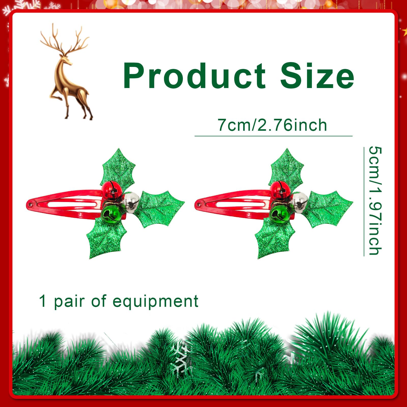 Christmas Hair Accessories,2 Pack Christmas Hair Clips,Jingle Bells & Holly Snap Hairpin,Cute Festive Xmas Hair Accessories for Girls Teenagers Red & Green Christmas Fancy Dress Party Favours - Image 2