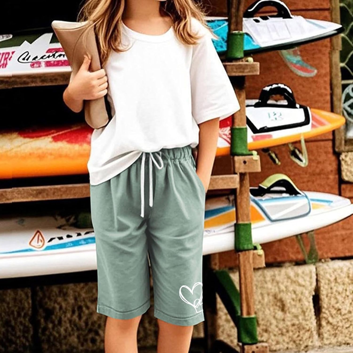 Girls Bermuda Shorts Knee Length Straight Leg Short Loose Casual Cute Solid Drawstring Elastic Waist Jorts Summer Trendy - Image 3