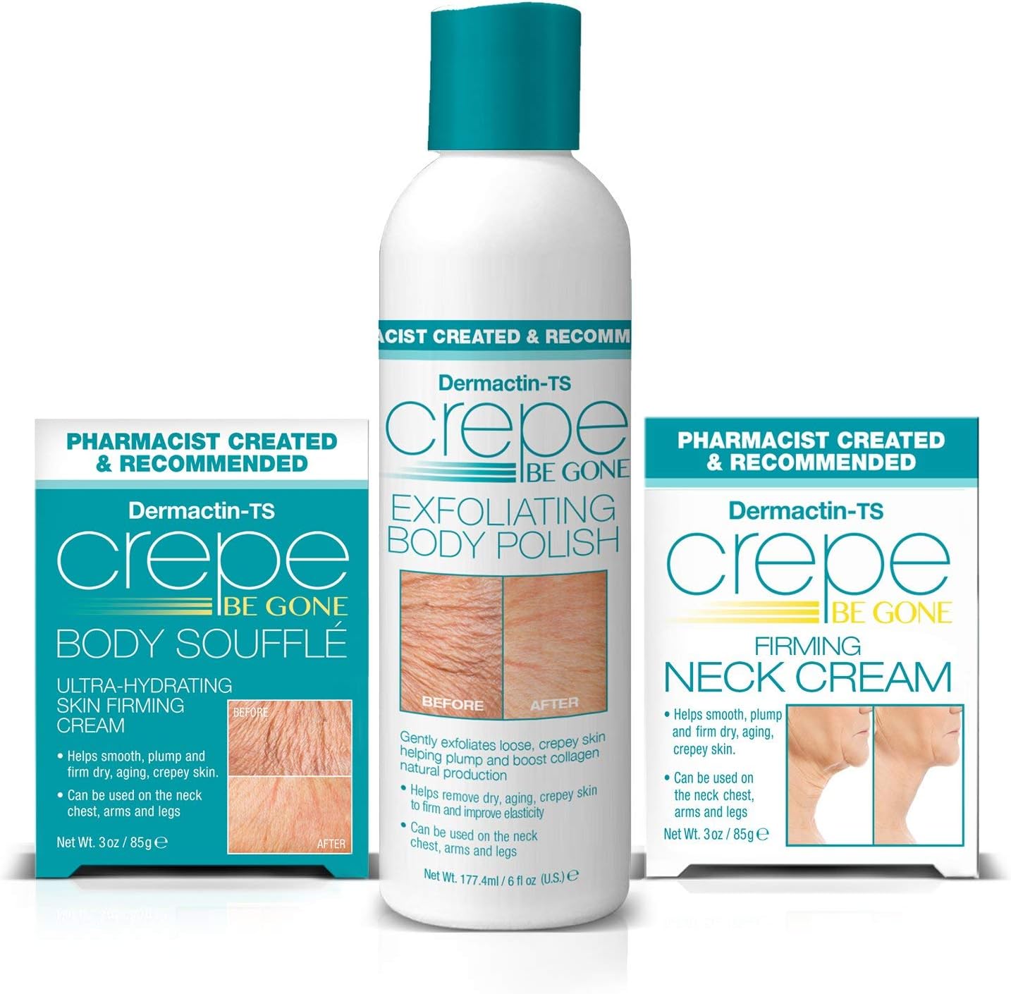 Dermactin-TS Crepe Be Gone 3-Piece Kit - Includes Body Souffle Neck Cream and Body Polish