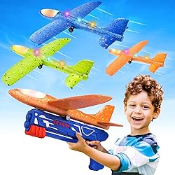 Fuwidvia 3 Pack Airplane Launcher Toys, 13.2'' LED Foam Glider Plane Toy for Boys, 2 Flight Modes Outdoor Flying Toys Birthday Gifts for Boys Girls 4 5 6 7 8 9 10 11 12 Year Old (Blue&Green&Orange)