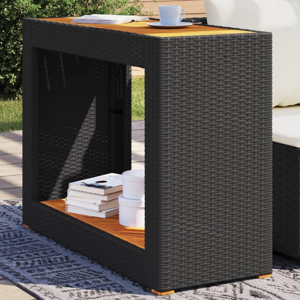 SXZenSpace Garden Side Table 100x40x75 cm Black PE Rattan Acacia Wood Top Steel Frame Outdoor Coffee for Patio Balcony Backyard