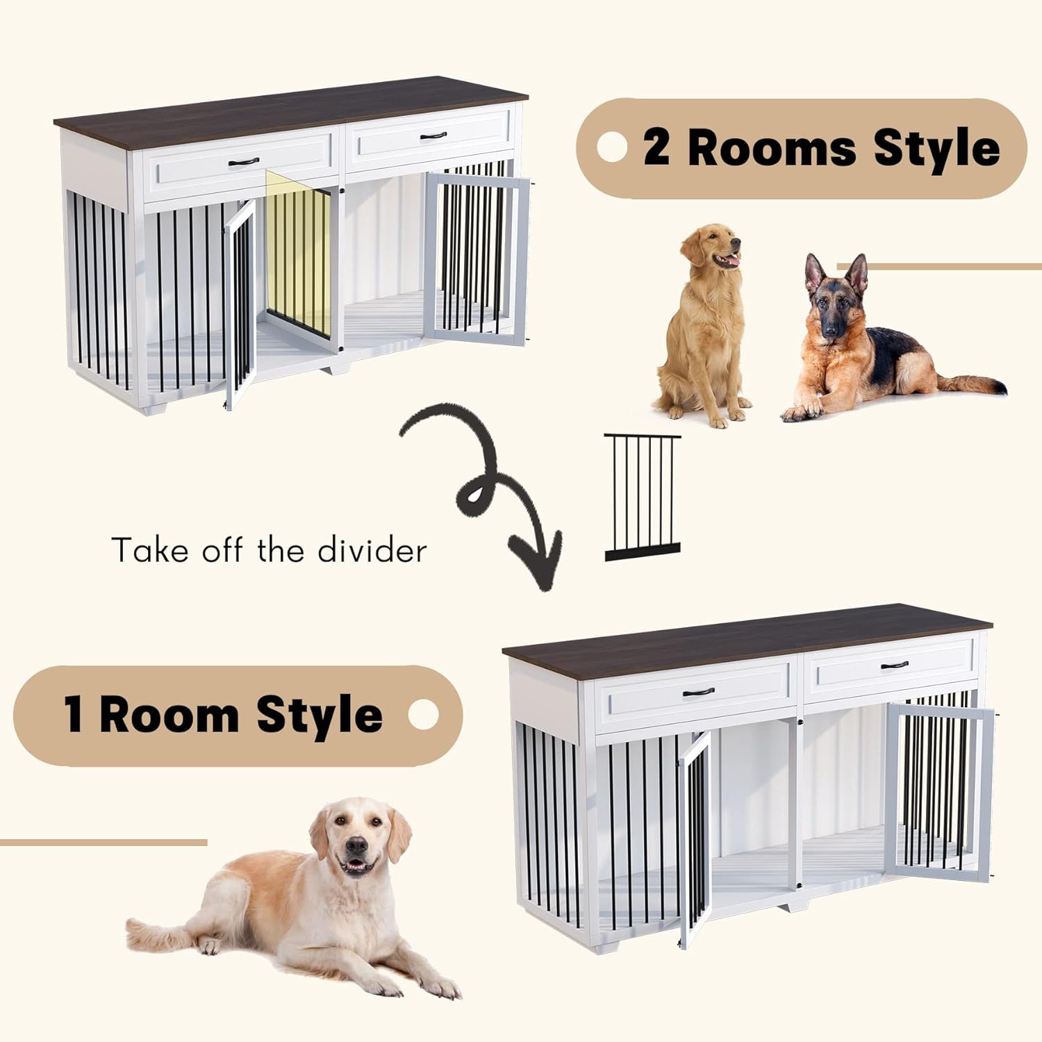 Dog Crate Furniture, 72 Inch Heavy Duty Wooden Large Dog Kennel with Drawers & Divider, Indoor Furniture Style Dog Crate with Double Rooms for Large Medium Small Dogs, White