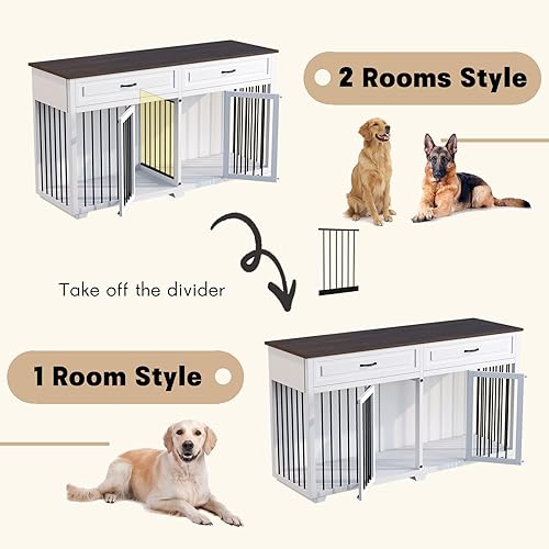 Miniatura 25 de Muebles grandes para perros, jaula de madera resistente para perros de 72 pulgadas con habitaciones dobles, 2 cajones y un divisor para razas
