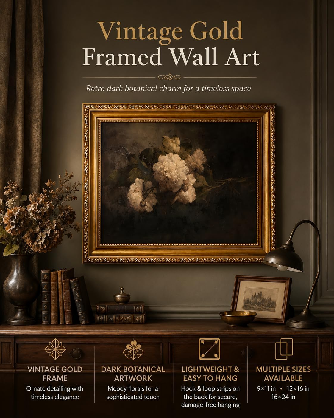 Vintage Gold Framed Flower Wall Art for Living Room Moody Peony Wall Decor Peony Still Life Oil Painting Picture Dark Floral Canvas Prints for Living Room Bedroom 12x16in image 2