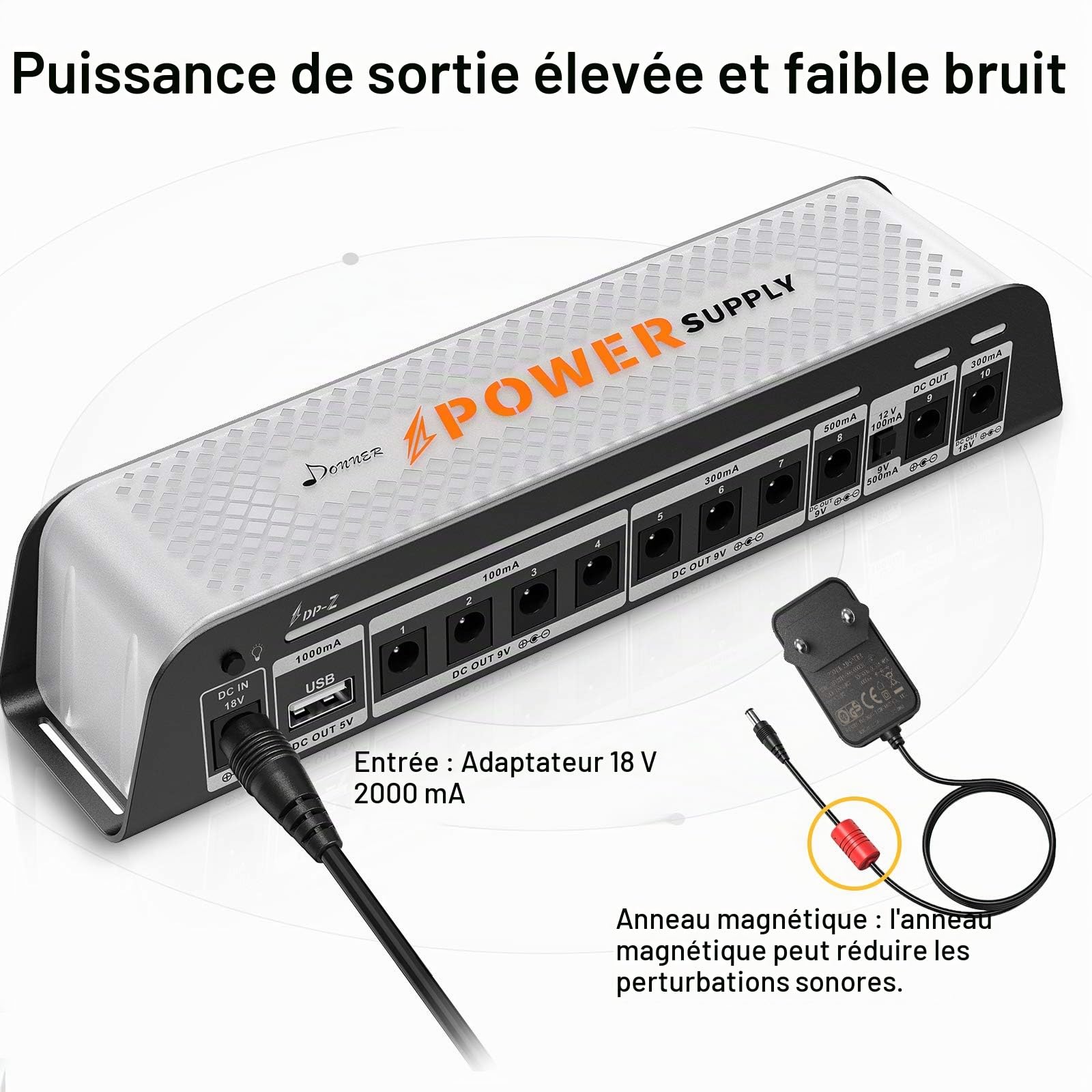 Donner DP-Z Alimentation pour pédale de guitare 9V 10 sorties isolées avec port USB pour pédale d'effet 9V/12V/18V Entrée DC 18v 2000m