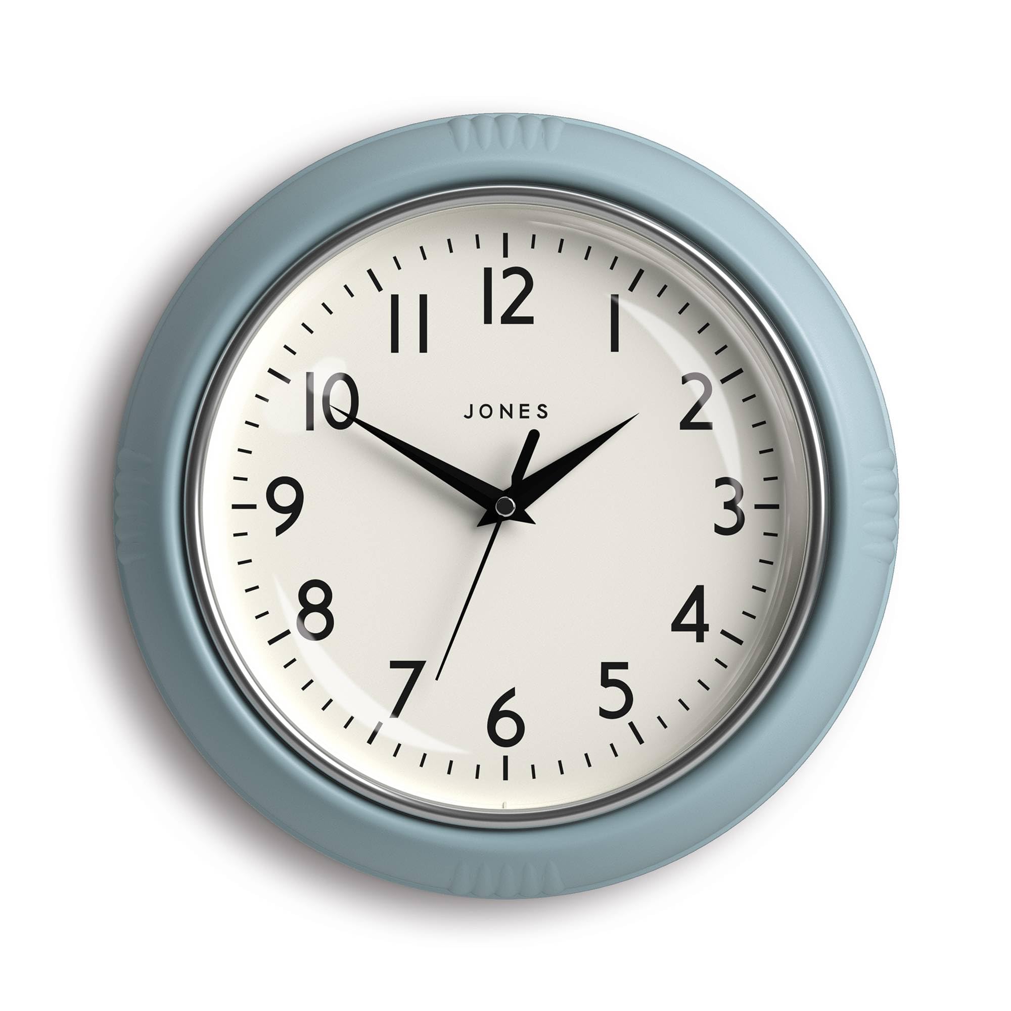 JONES CLOCKS® Ketchup Wall Clock | Round Retro Diner Clock | 10 inch | Pale Blue | Ideal for The Kitchen, Living Room, Office or Bedroom | Easy to Read Numbers