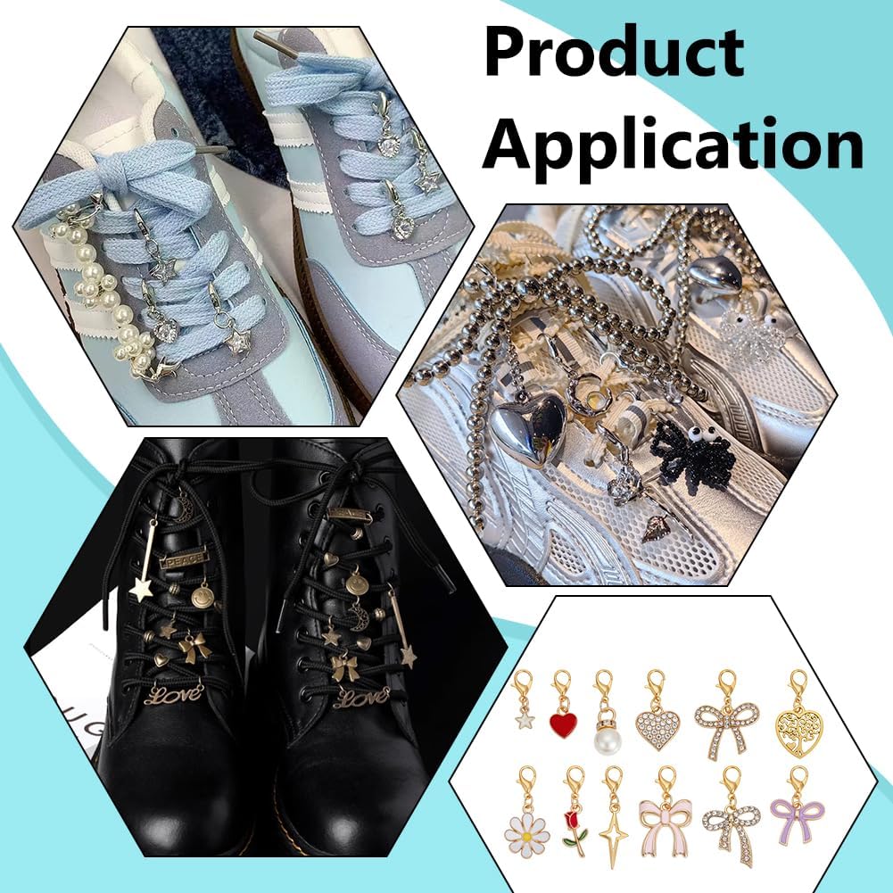 PH PandaHall 48pcs Shoe Charms for Sneakers Gold Shoes Decoration Charms, 12 Styles Bowknot Flower Heart Shoe Lace Charm for Sneakers Canvas Shoes Boots Keychains Jewelry Making