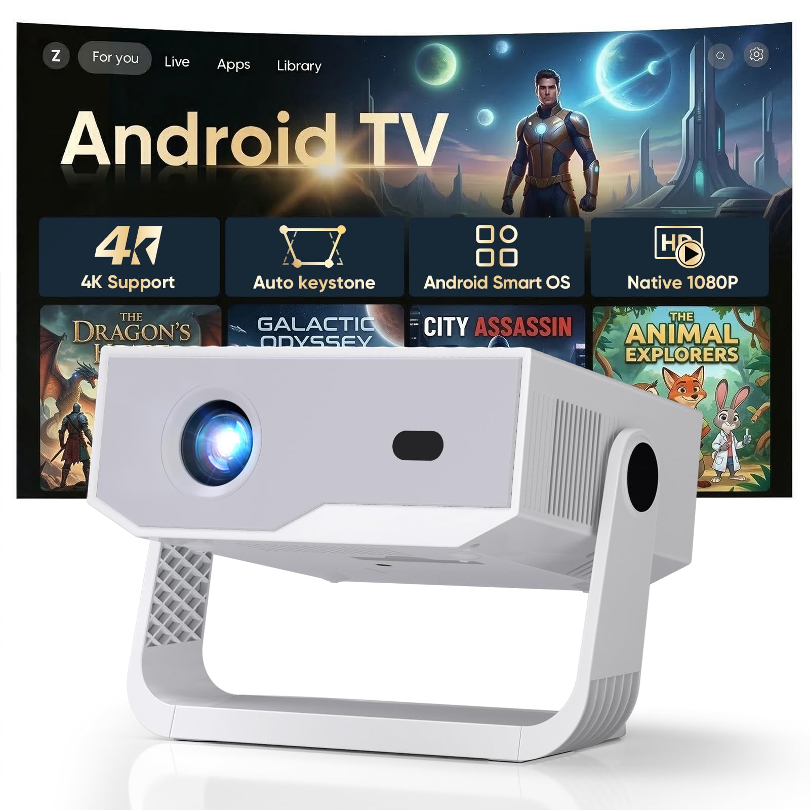 [2026 Version Améliorée] Android Videoprojecteur 4K &1080P WiFi et Bluetooth Focus électronique Correction à 270 Degrés Retroprojecteur Portable pour HDMI/TV Stick/Laptop