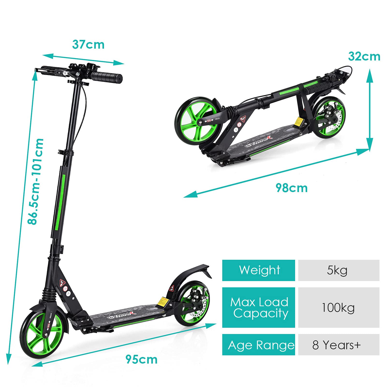 COSTWAY Kickscooter z dzwonkiem i podstawką, hulajnoga z regulacją wysokości, kick scooter składany, hulajnoga miejska obciążalna do 100kg, hulajnoga z pasem nośnym, dla dzieci i dorosłych