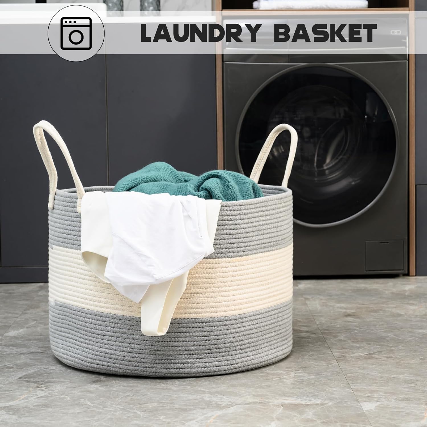 110L Extra Large Laundry Baskets, Storage Basket for Organizing,Woven Basket for Storage,Cotton Rope Basket,Nursery Basket,Large Blanket Basket for Living Room,Toys Basket(White/Grey2)