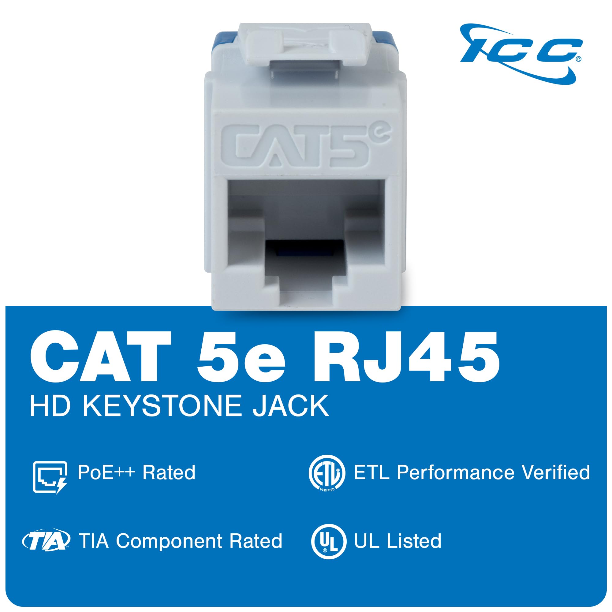 ICC CAT5e Keystone Jack for HD Style Wallplate or Patch Panel - RJ45 - UL Listed Ethernet Cable Connector - PoE++ Rated - Compatible with JackEasy Termination Tool - White - 25-Pack