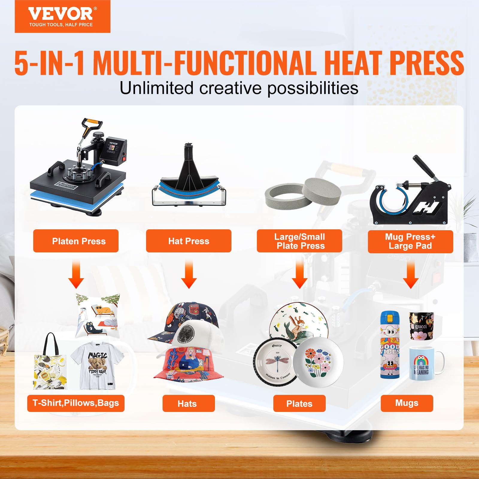 VEVOR Presse de la Chaleur 5 en 1 38 x 38 cm Machine de Presse à Chaud Heat Press Machine Swing Design Sublimation Thermique pour Plaque Mug Tasse Chapeau T-Shirt