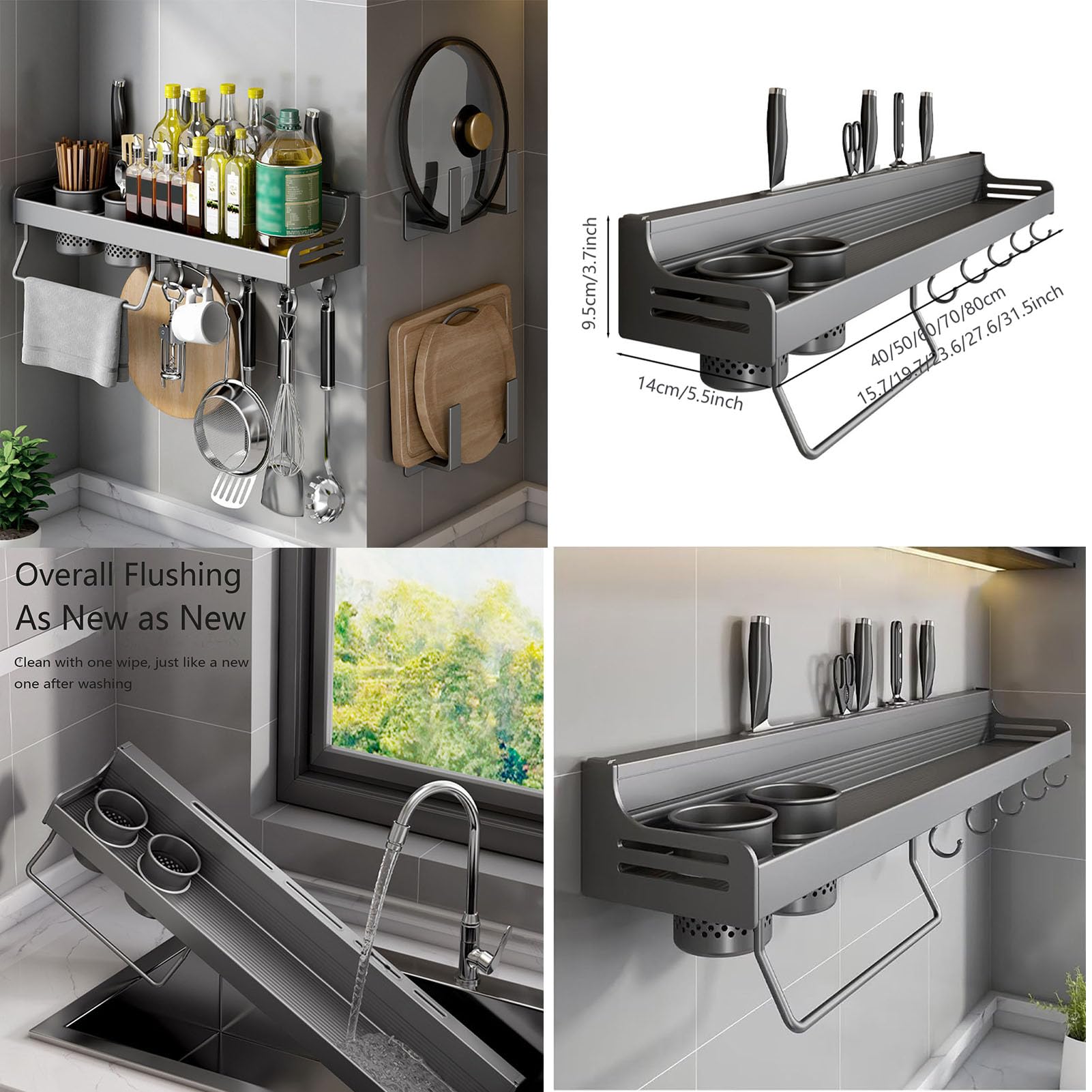 Especieros para Cocina,Organizador Especias Pared Organizador Cocina Colgante Sin Taladrar Estantes Cocina Especiero Organizador para Cocina,Estanteria Cocina con Toallero y Gancho,Negro,60cm