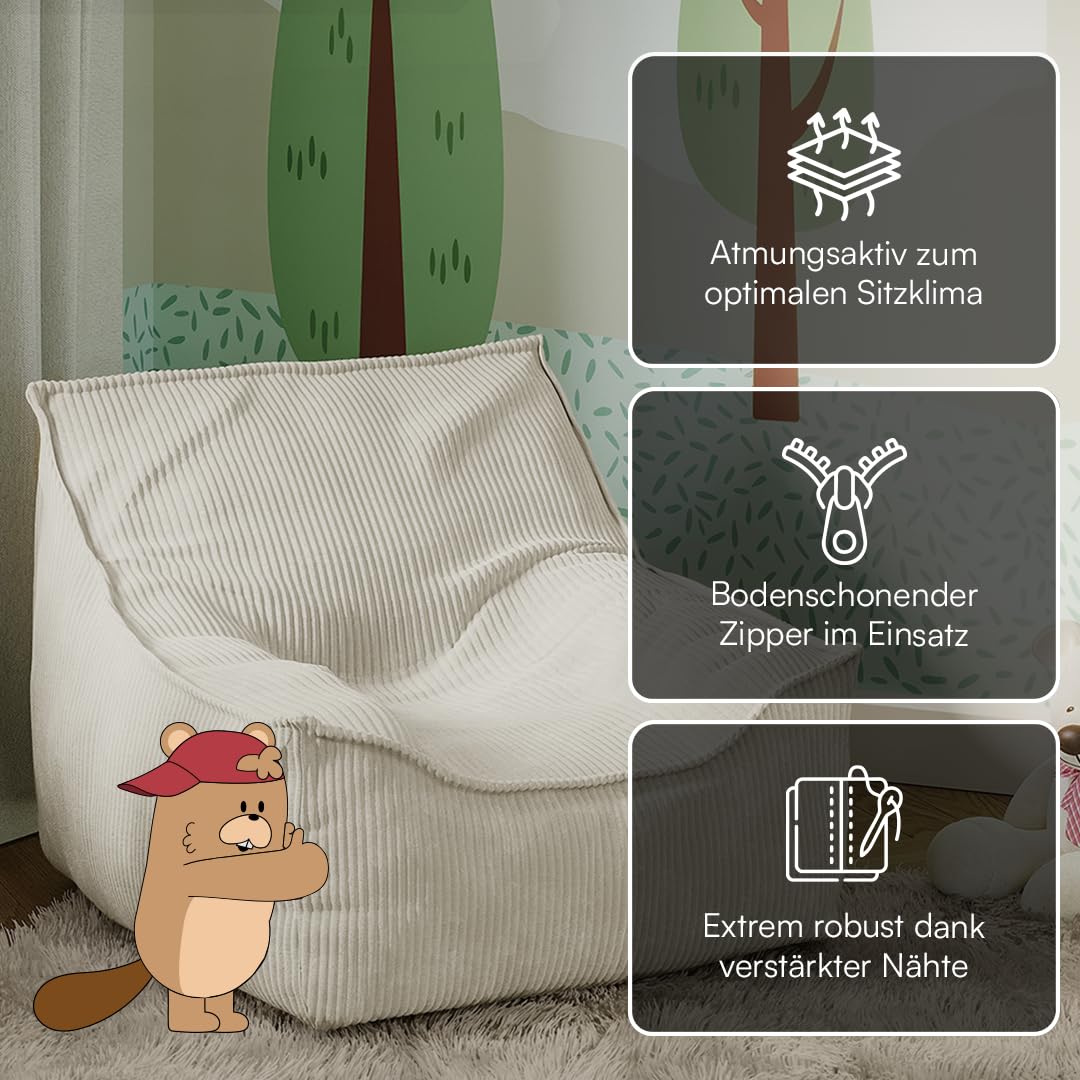 Bellabino Cleo Kindersitzsack – Sitzsack für Kinder aus Cord mit Füllung – Kindersessel Beige 50x75x60 cm (HxTxB)
