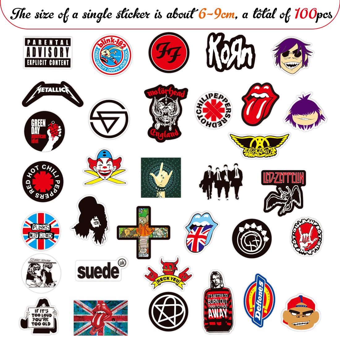Adesivi Musica Rock and Roll,Sticker Punk Classico,Confezione da 100 Adesivi Vinile Impermeabile per Computer Portatile, Auto, Chitarra, Paraurti, Bottiglia