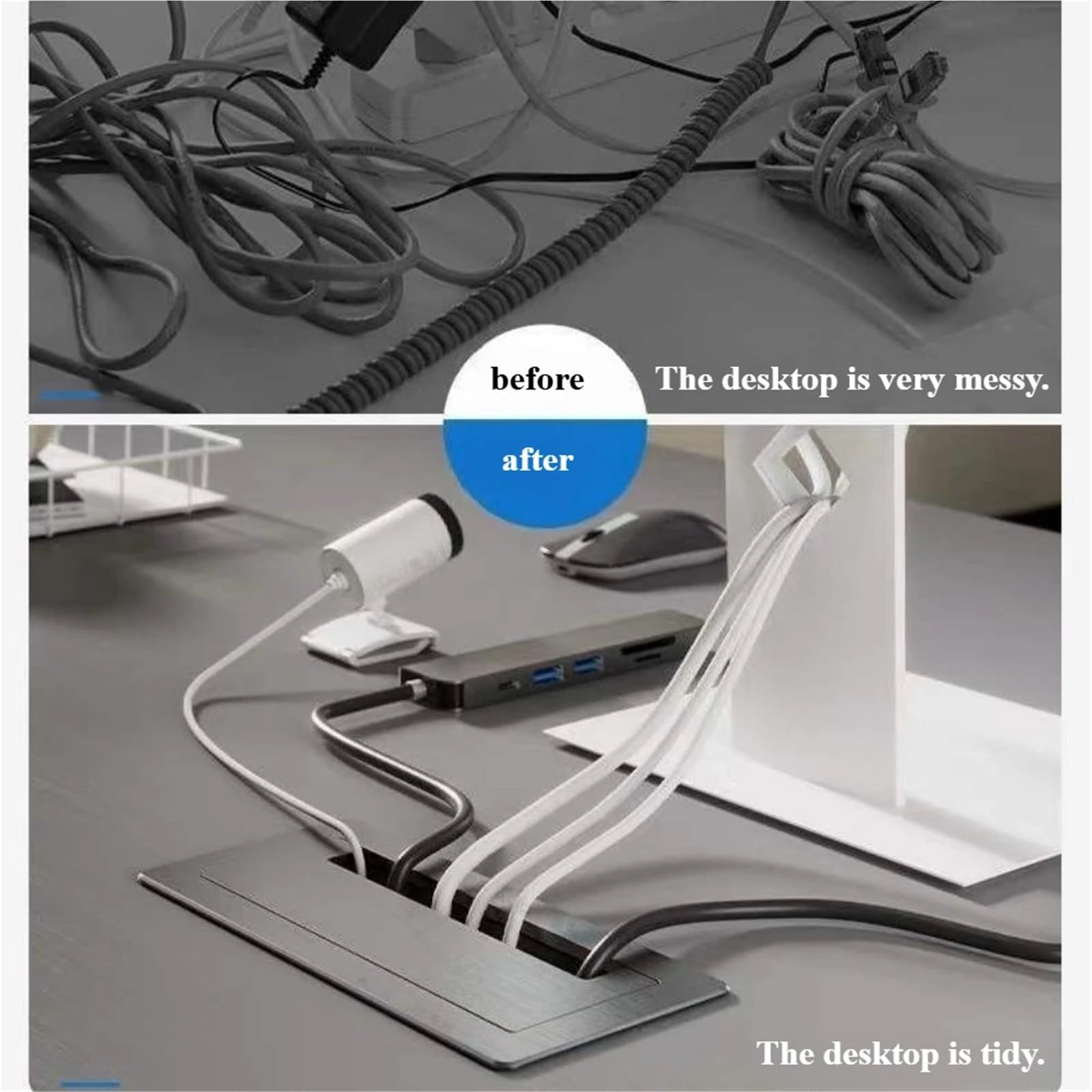 Pasacables Organizador de Cables for Escritorio, Caja Orificios for, aleación Aluminio, for gabinete TV, Placa Cubierta Rectangular, computadora Oficina(Black,90x500mm)