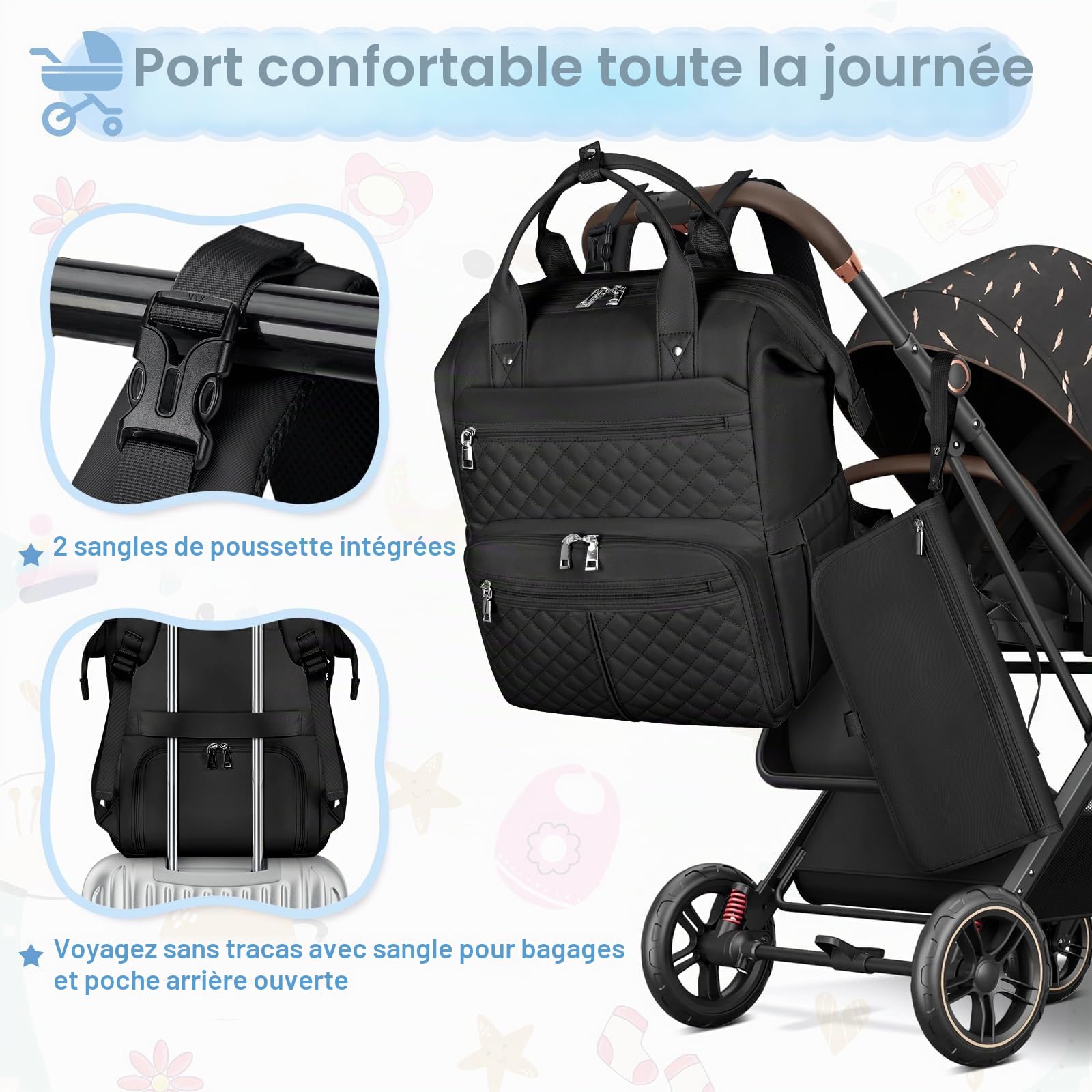 RAINSMORE Sac a Langer Bebe Multifonction Sacs à Dos à Langer Avec Matelas à Langer Grande Capacité Sac de Maternité Maman et Papa Noir