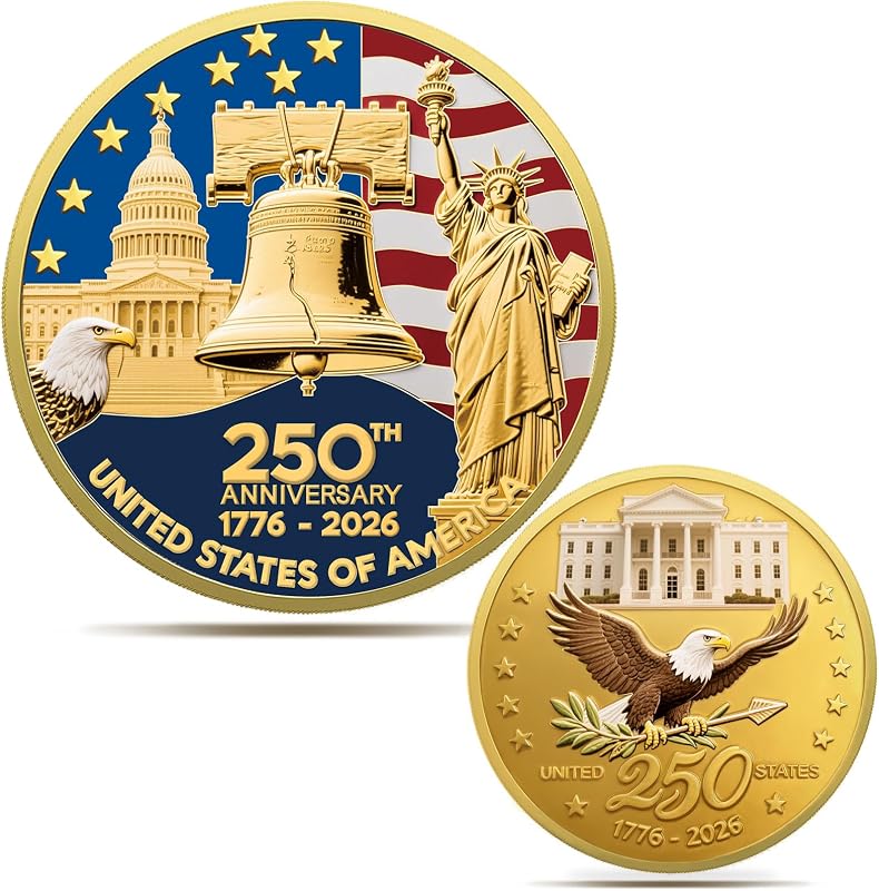 Monedas conmemorativas del 250 aniversario de 1,77 pulgadas – Monedas coleccionables con diseño de bandera americana dorada y campana de la libertad, monedas de aniversario de metal duradero para exhibición, coleccionistas e idea de regalo (L-1PCS)