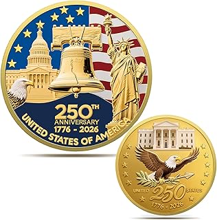 Upgrade 1.77-inch 250th Anniversary Commemorative Coins - Golden American Flag & Liberty Bell Design Collectible Coins, Durable Metal Anniversary Coins for Display, Collectors & Gift Idea (L-1PCS)