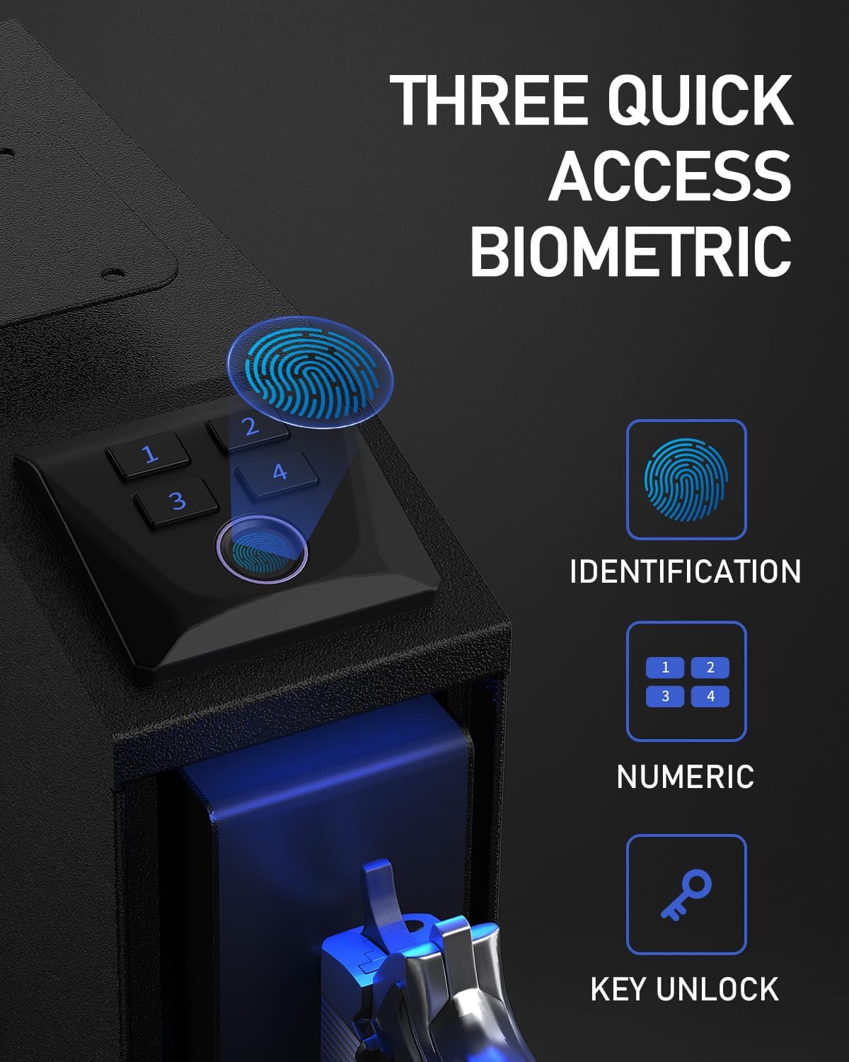 Image illustrating the three quick access biometric methods for the MAEZOE safe: fingerprint identification, numeric keypad entry, and key unlock.
