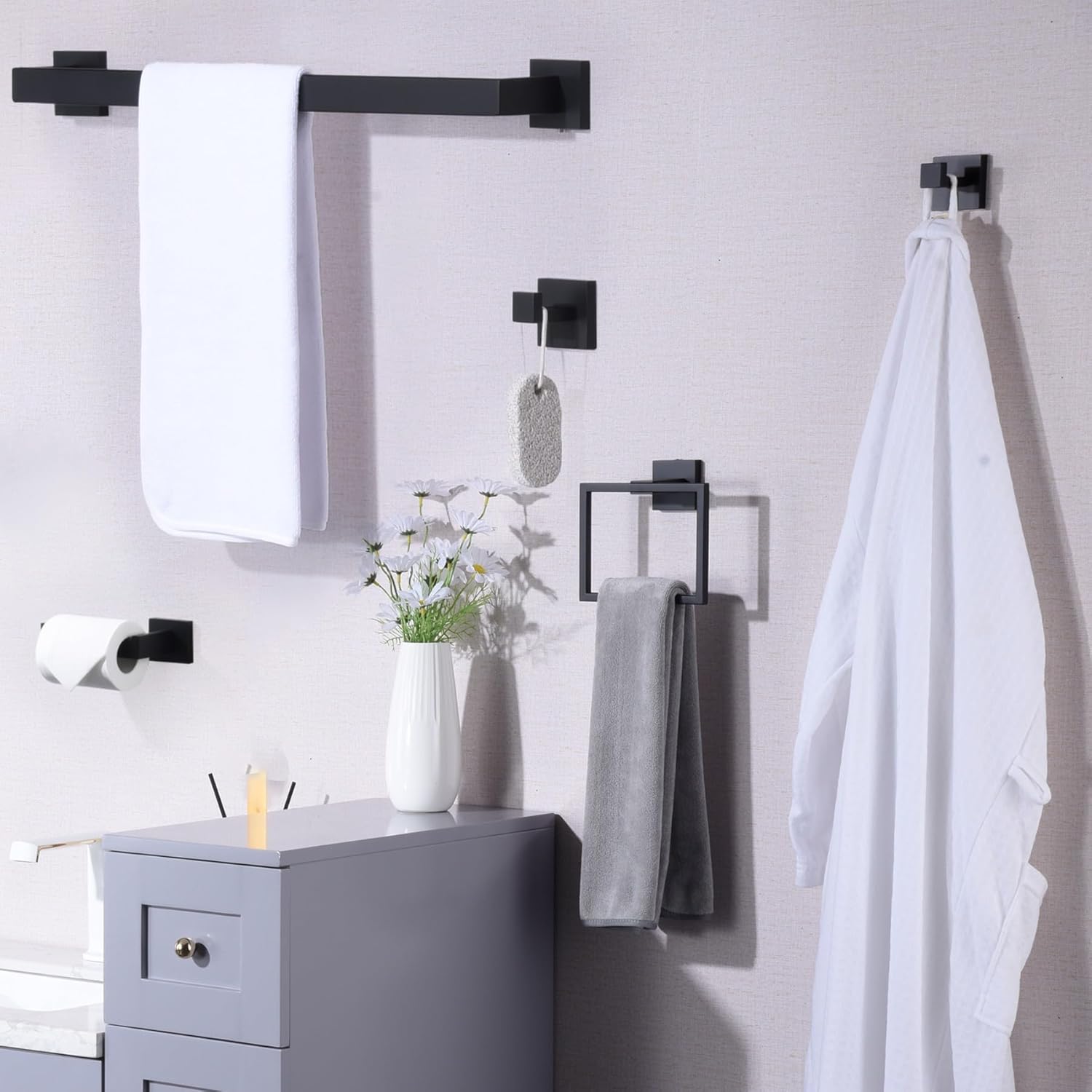 Bathroom Hardware Set Matte Black,16-inch Towel Rack 304 Stainless Steel 5-Piece Bathroom Accessories Kit Wall Mounted Include Towel Ring,Toilet Paper Holder,Robe Hook