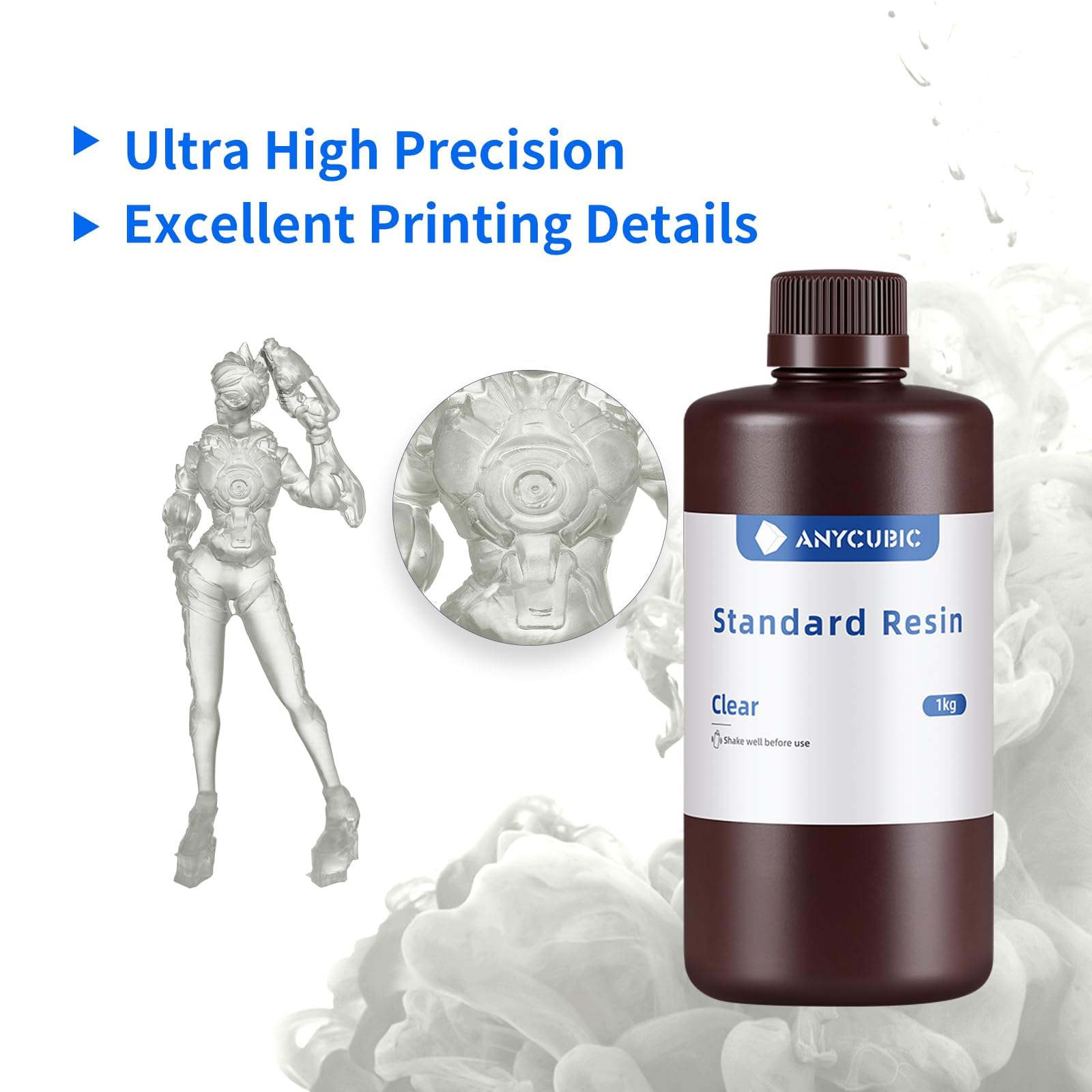 ANYCUBIC Żywica do Drukarek 3D 1KG, Standardowa szybko utwardzalna żywica fotopolimerowa 405 nm UV o wysokiej precyzji i niskim skurczu do drukarek 3D z żywicą LCD, Przezroczysty