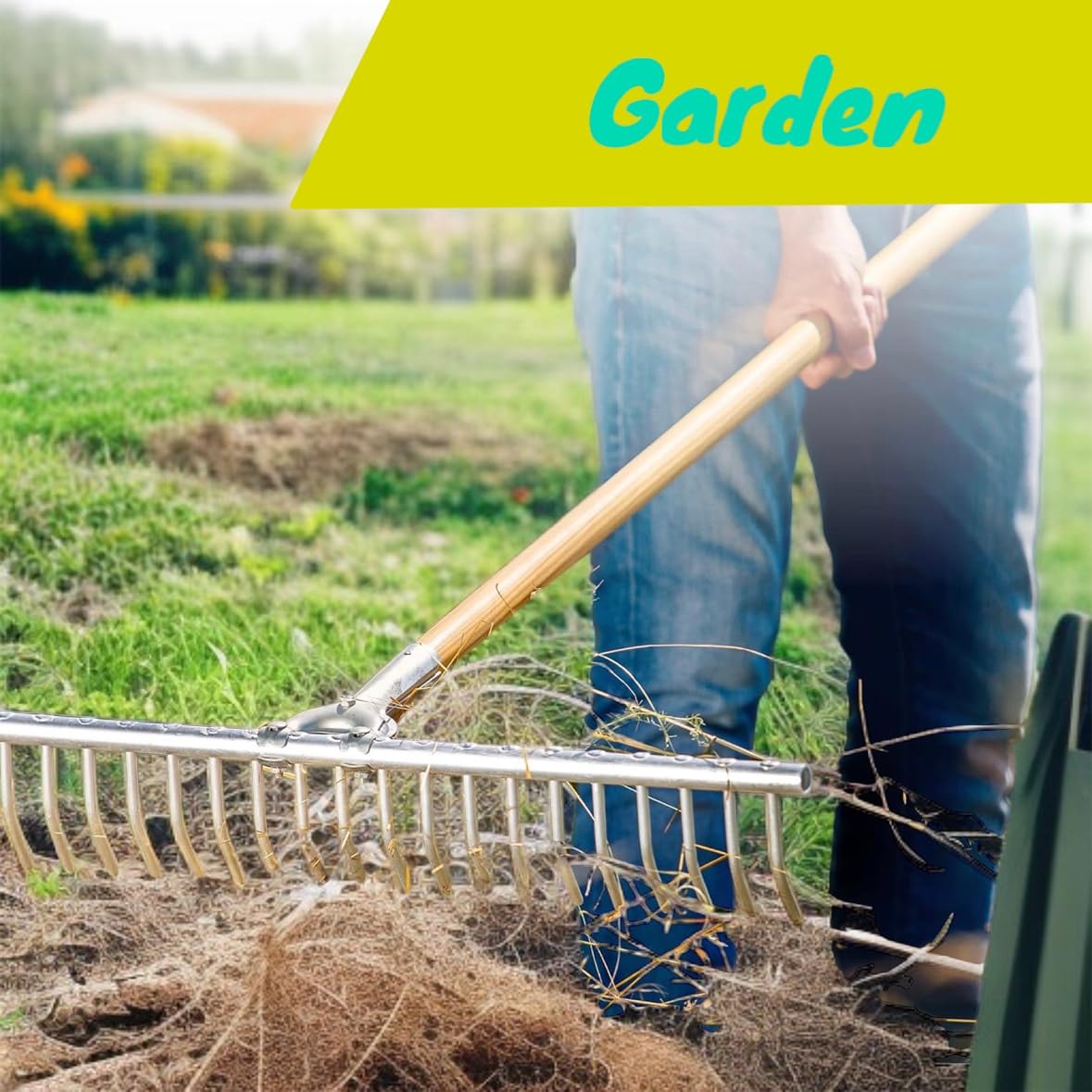 Rastrello da Giardino in Alluminio, Denti Curvi, Manico Lungo in Legno, per Pulizia Prato e Raccolta Foglie
