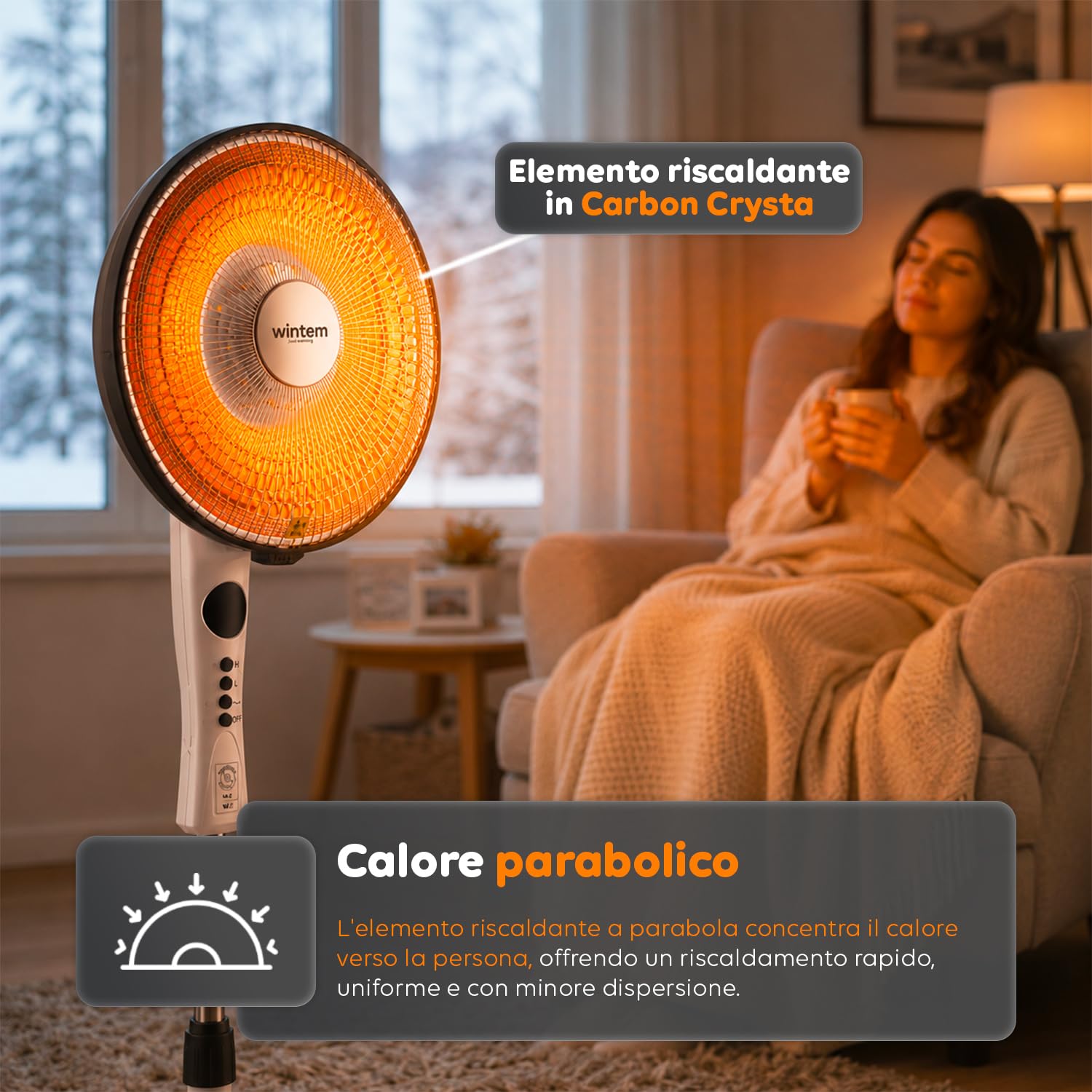Avilia – Stufa Elettrica a Parabola con Elemento al Carbonio 550/1100W, Timer, Telecomando e Oscillazione per Riscaldamento Casa Rapido e a Basso Consumo Energetico