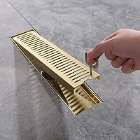 Vista 3 de Desagüe lineal de ducha dorado cepillado de 12 pulgadas, rejilla rectangular extraíble con patrón de cápsula de drenaje de ducha con adaptador