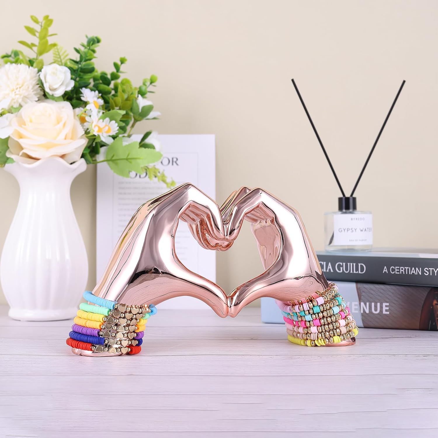 Pink heart and hand sculptures and statues, hand and heart sculptures home decor, heart and hand decor bohemian wedding decor for edgy room coffee table office living room bedroom bookshelf decor. - Image 4