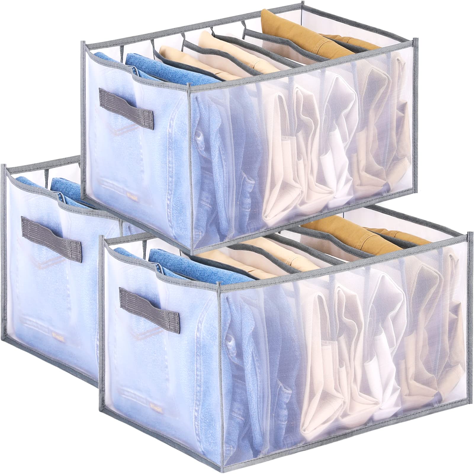 Extra Large Jeans Oversize Wardrobe Clothes Organizer, 7 Grid Breathable Mesh Closet Shelf Organizers for Adult Jeans Pants T-shirts, 17.3in with Handle Foldable Drawer Storage Box (3PCS Large, Grey)