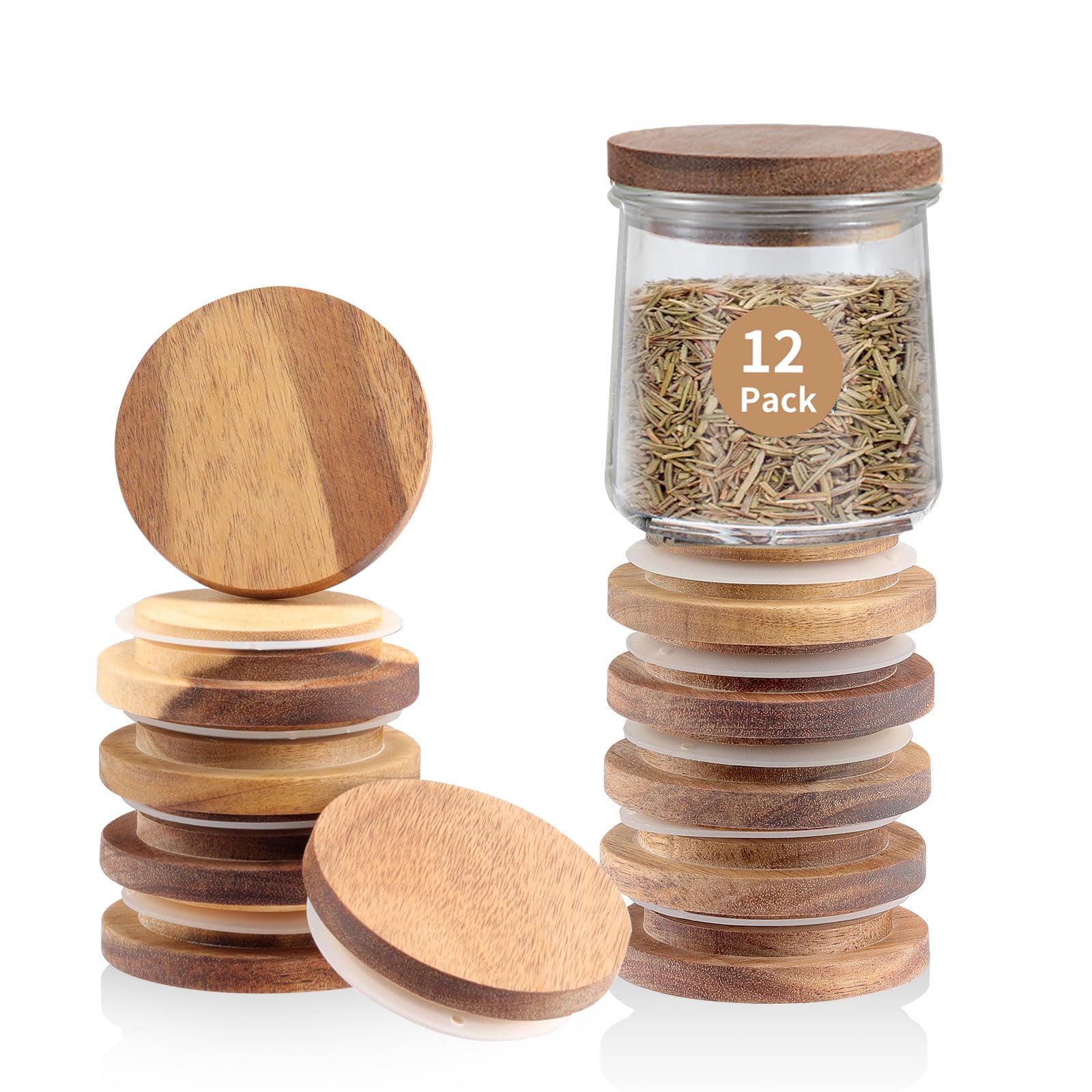 Oui Yogurt Jar Lids | 12 Pack Natural Wooden Lids for Oui Yogurt Jars with Silicone Sealing Rings | Lids Only | Perfect Airtight Storage For 5 Oz Oui Yogurt Glass Jars with Bottle Label